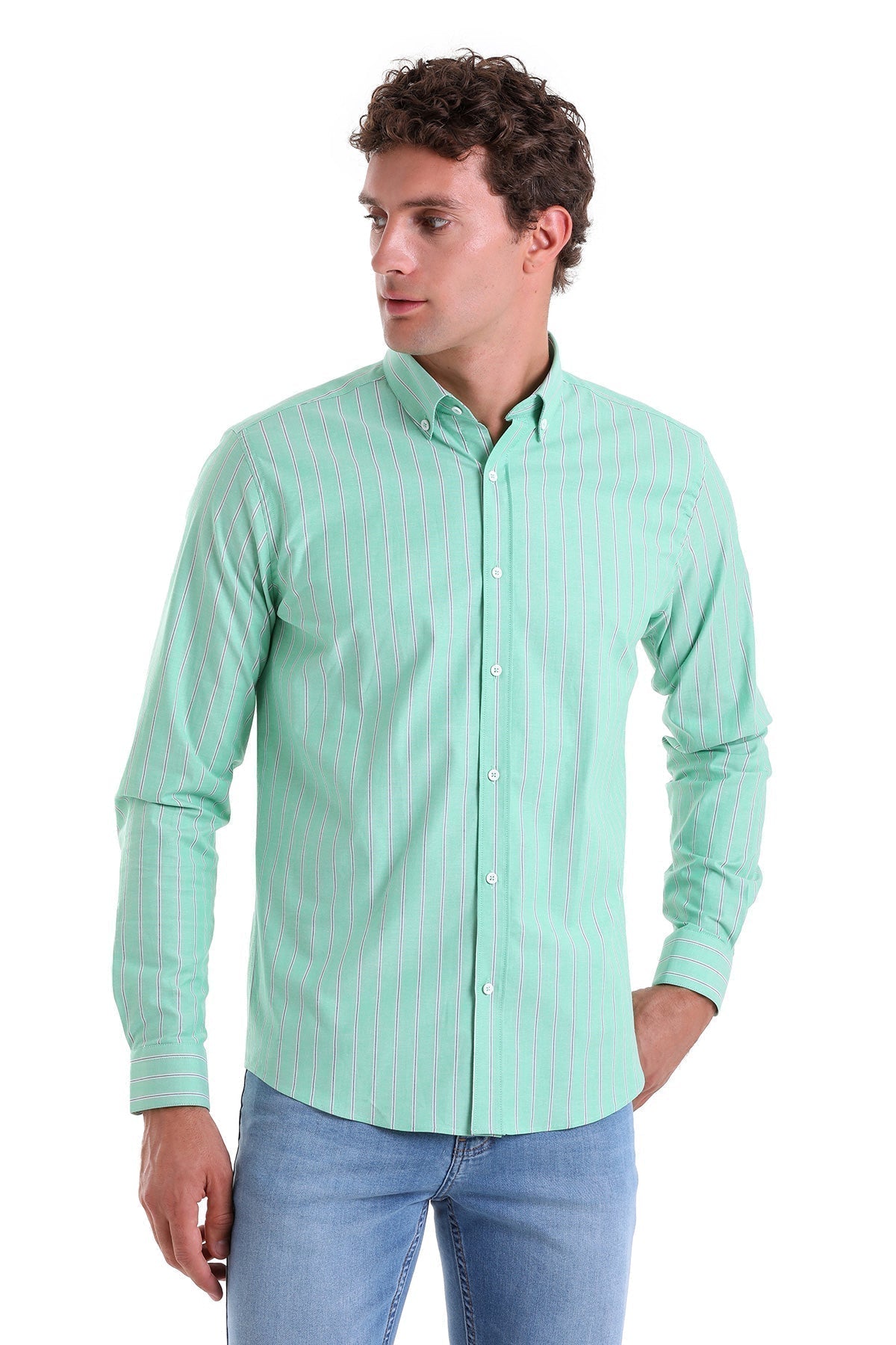 Slim Fit Pin Stripe Cotton Blend Green Casual Shirt - SAYKI