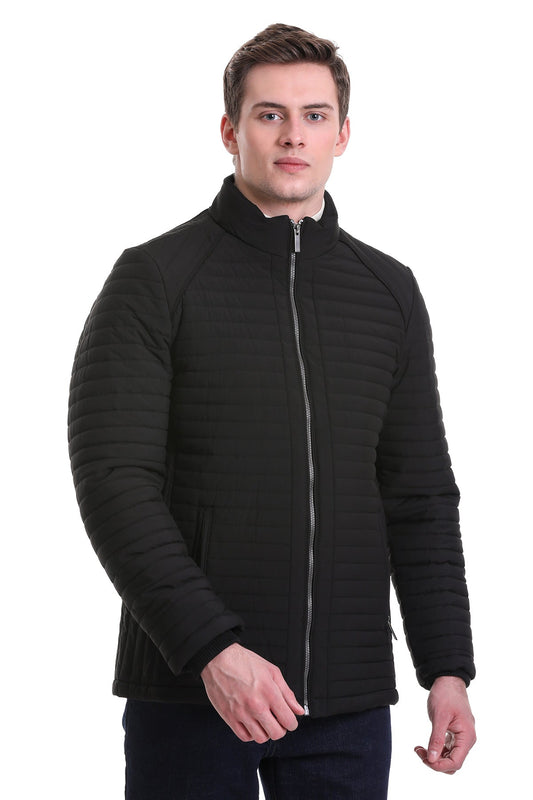 Black quilted puffer jacket with a silver zipper and stand-up collar.