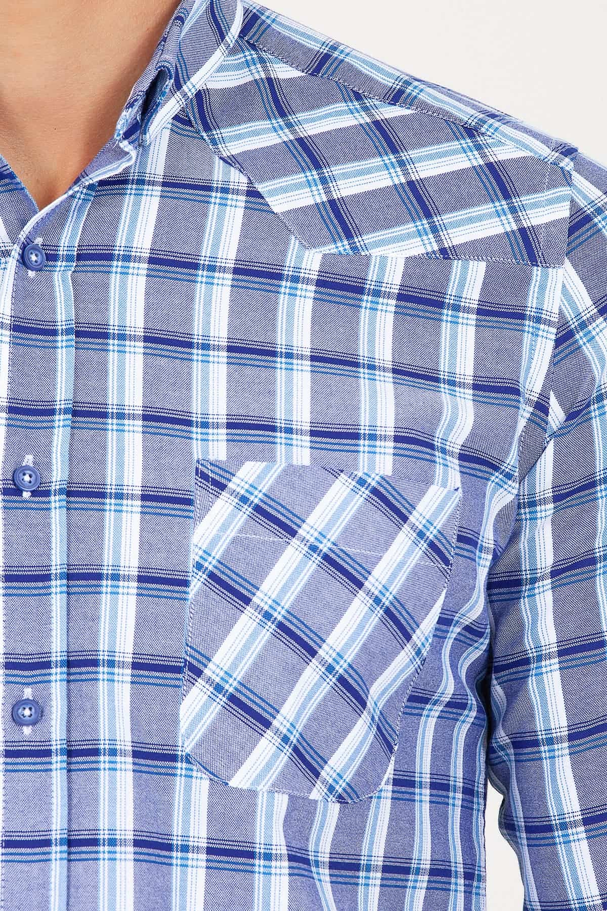 Slim Fit Plaid 100% Cotton Navy Casual Shirt - SAYKI