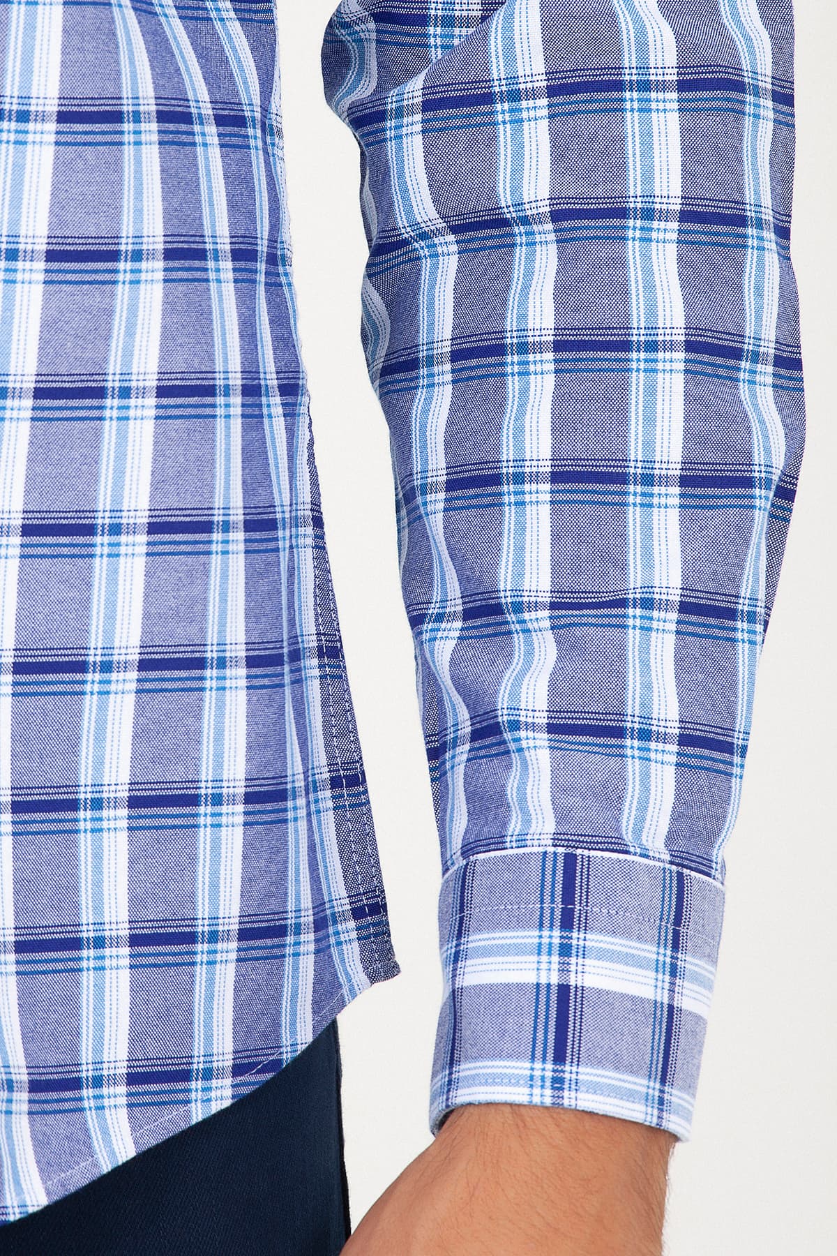 Slim Fit Plaid 100% Cotton Navy Casual Shirt - SAYKI