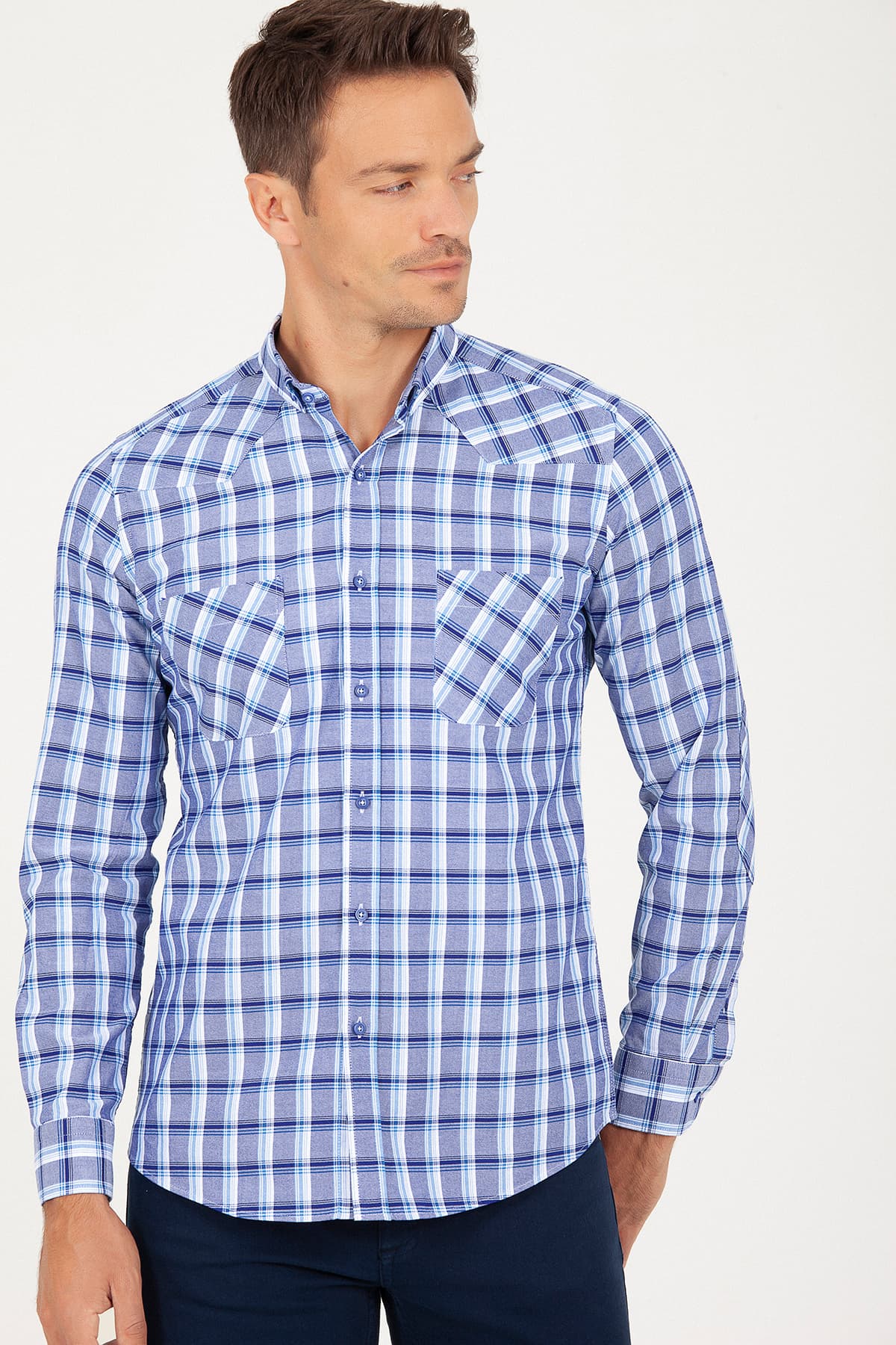 Slim Fit Plaid 100% Cotton Navy Casual Shirt - SAYKI