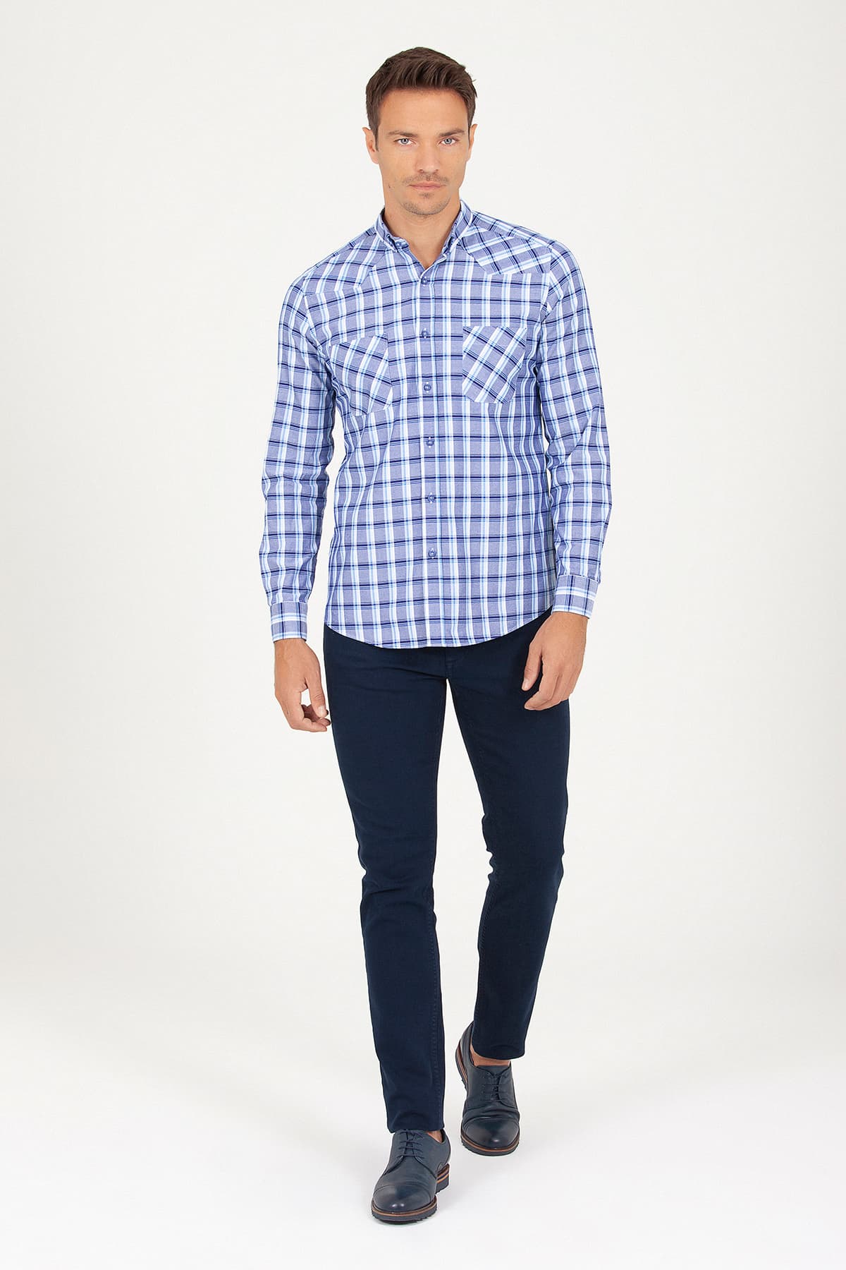 Slim Fit Plaid 100% Cotton Navy Casual Shirt - SAYKI