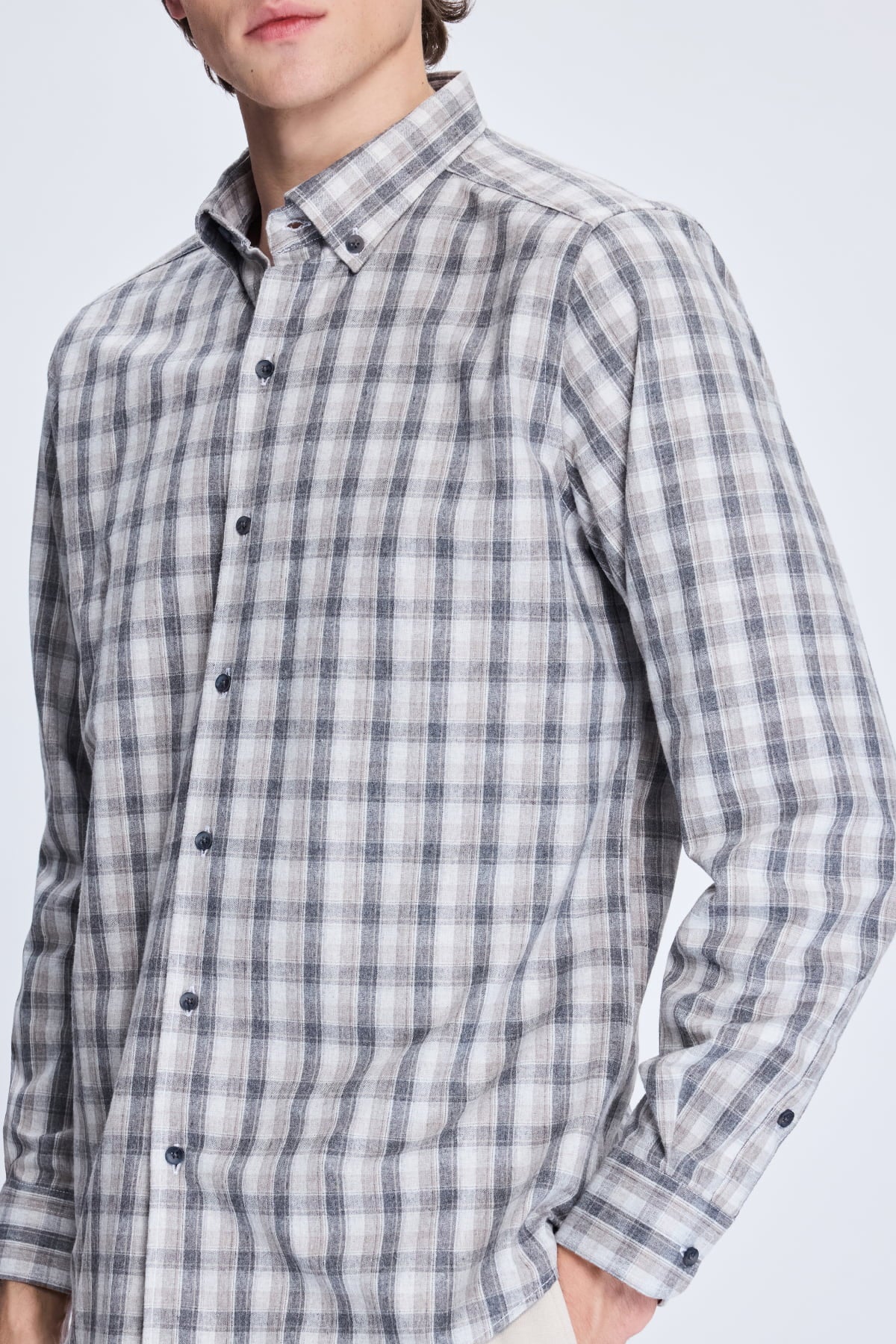Slim Fit Plaid Cotton Blend Beige Casual Shirt - SAYKI