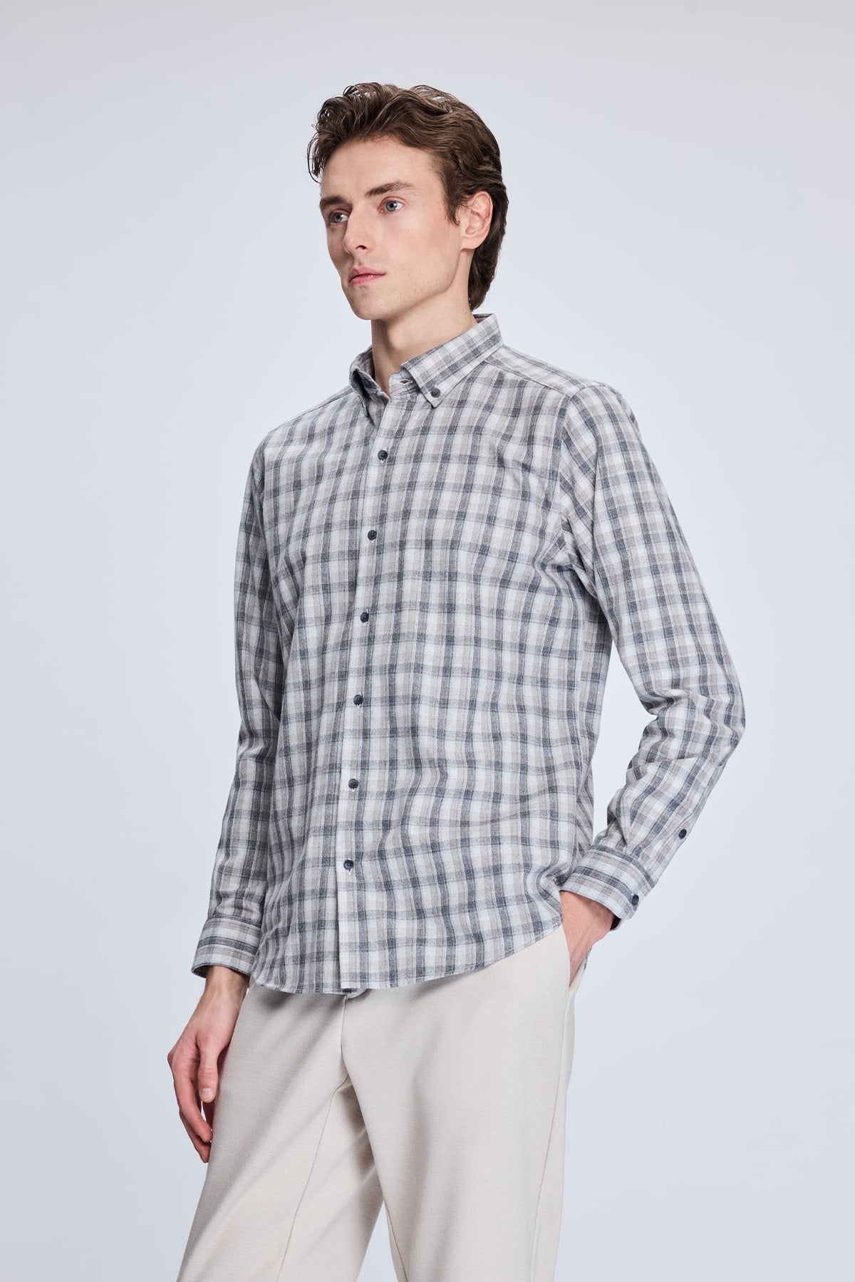 Slim Fit Plaid Cotton Blend Beige Casual Shirt - SAYKI