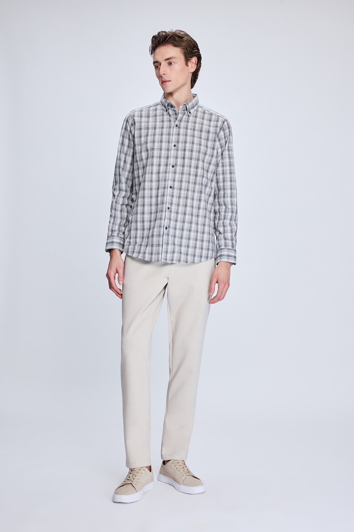 Slim Fit Plaid Cotton Blend Beige Casual Shirt - SAYKI