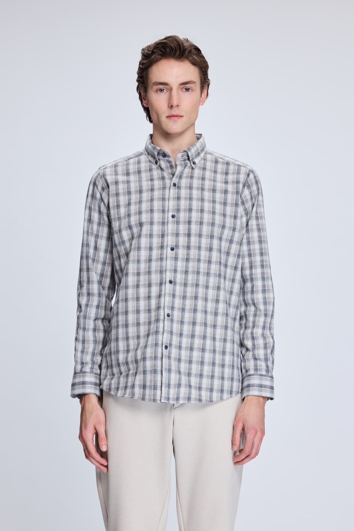 Slim Fit Plaid Cotton Blend Beige Casual Shirt - SAYKI