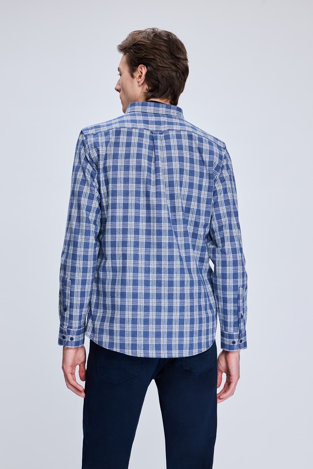 Slim Fit Plaid Cotton Blend Blue Casual Shirt - SAYKI
