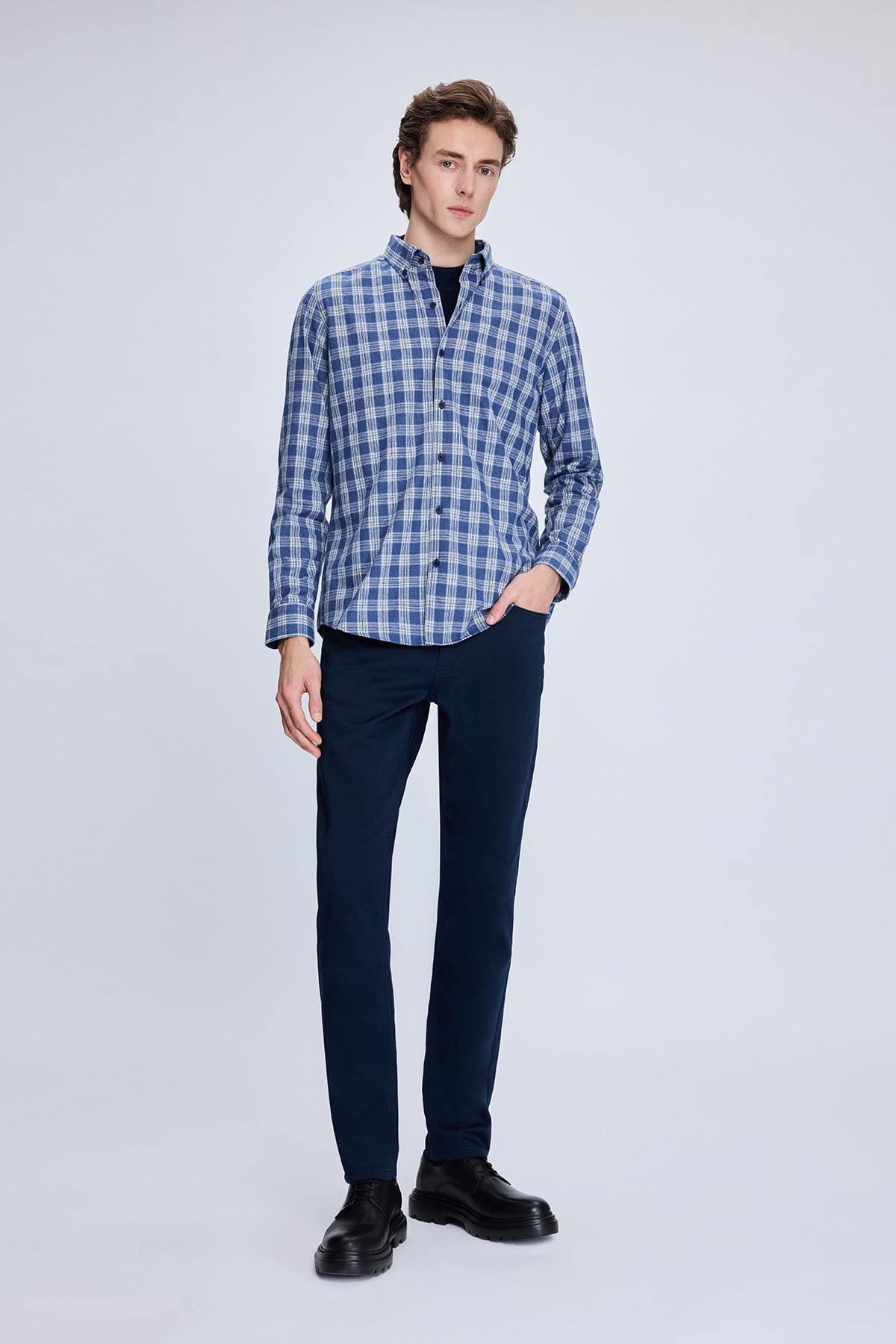 Slim Fit Plaid Cotton Blend Blue Casual Shirt - SAYKI