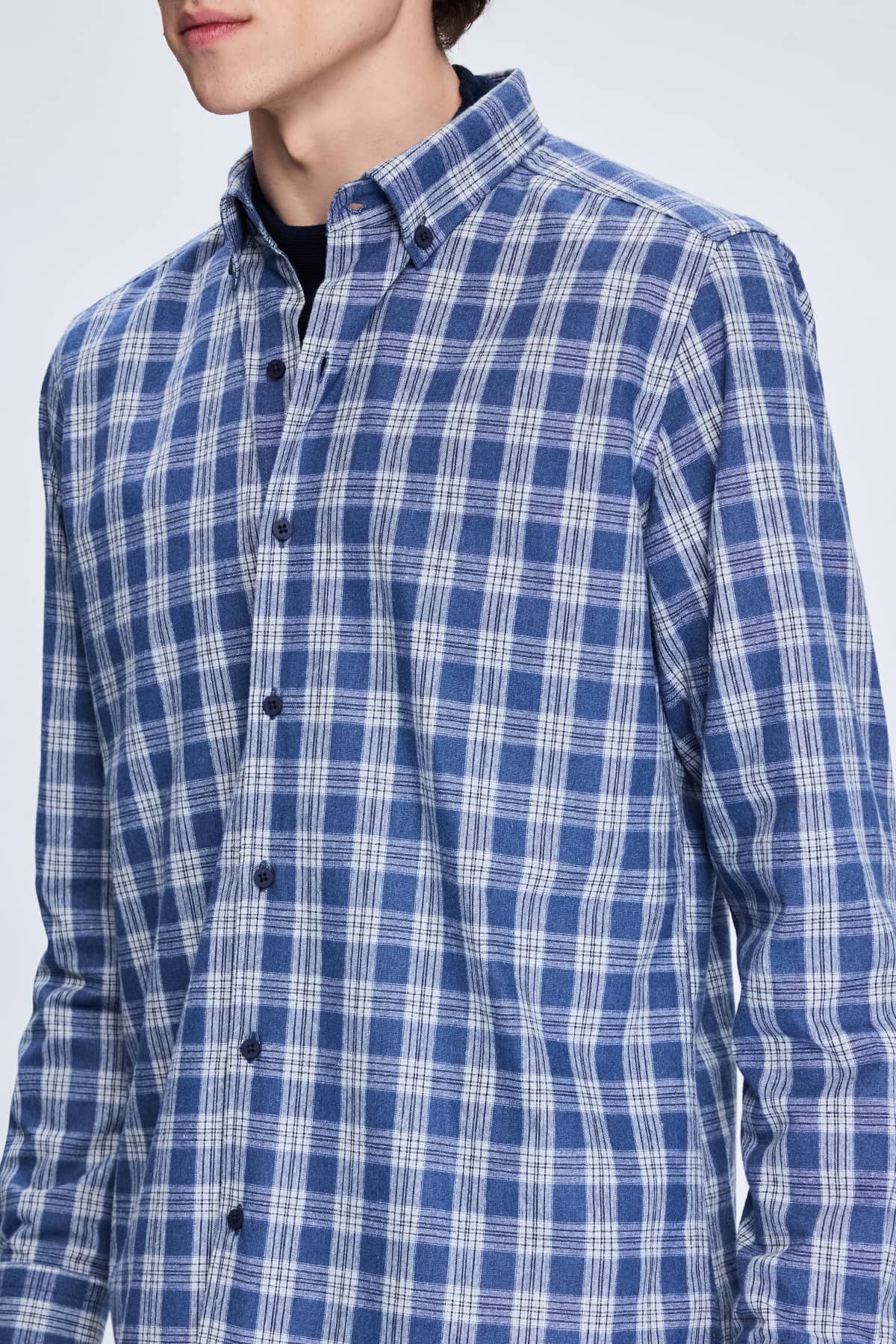 Slim Fit Plaid Cotton Blend Blue Casual Shirt - SAYKI
