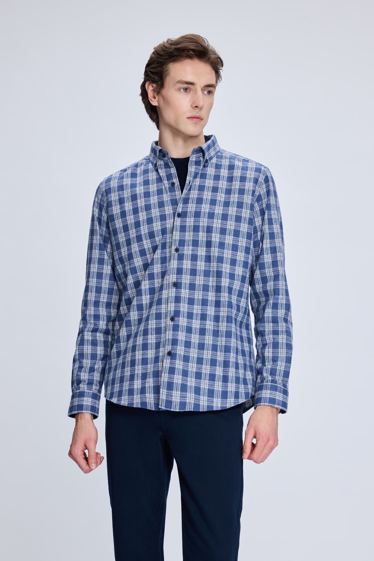 Slim Fit Plaid Cotton Blend Blue Casual Shirt - SAYKI