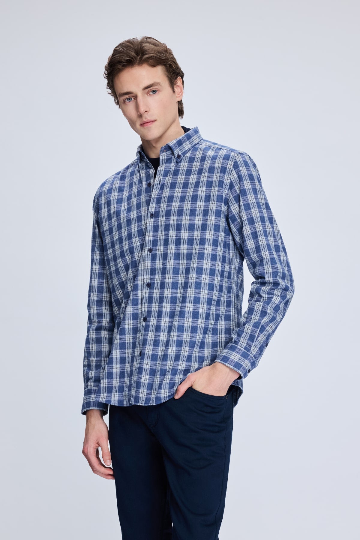Slim Fit Plaid Cotton Blend Blue Casual Shirt - SAYKI