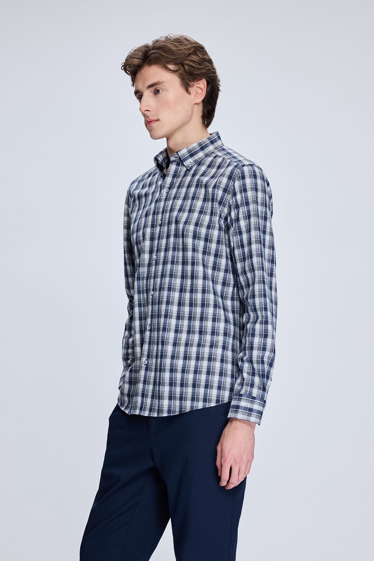 Slim Fit Plaid Cotton Blend Dark Navy Casual Shirt - SAYKI