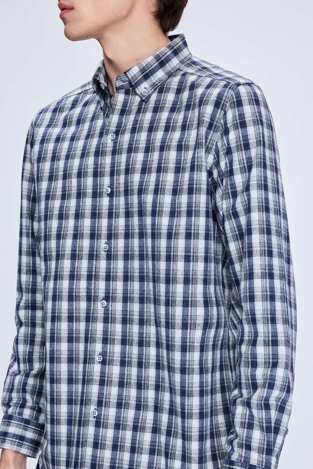 Slim Fit Plaid Cotton Blend Dark Navy Casual Shirt - SAYKI