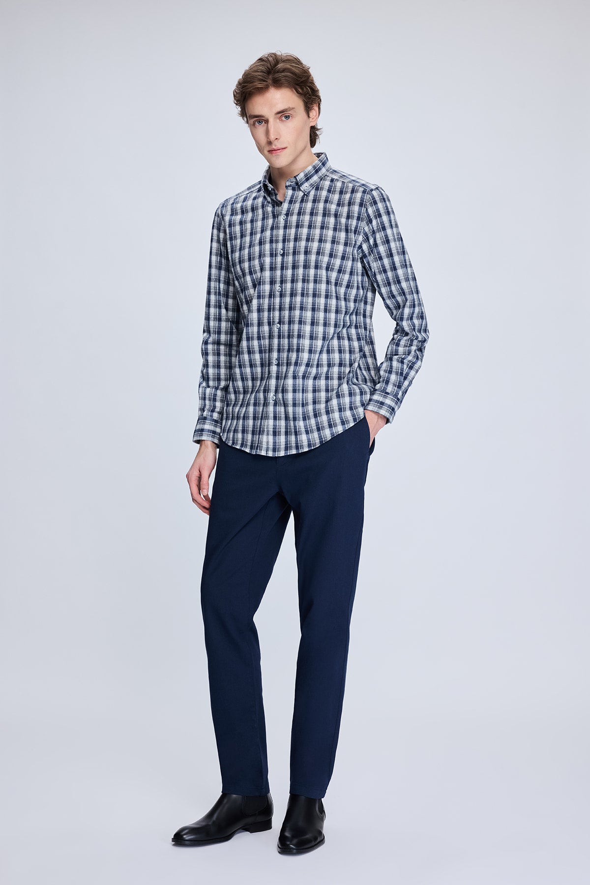 Slim Fit Plaid Cotton Blend Dark Navy Casual Shirt - SAYKI
