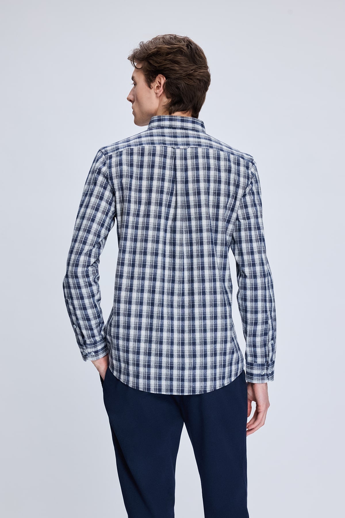 Slim Fit Plaid Cotton Blend Dark Navy Casual Shirt - SAYKI