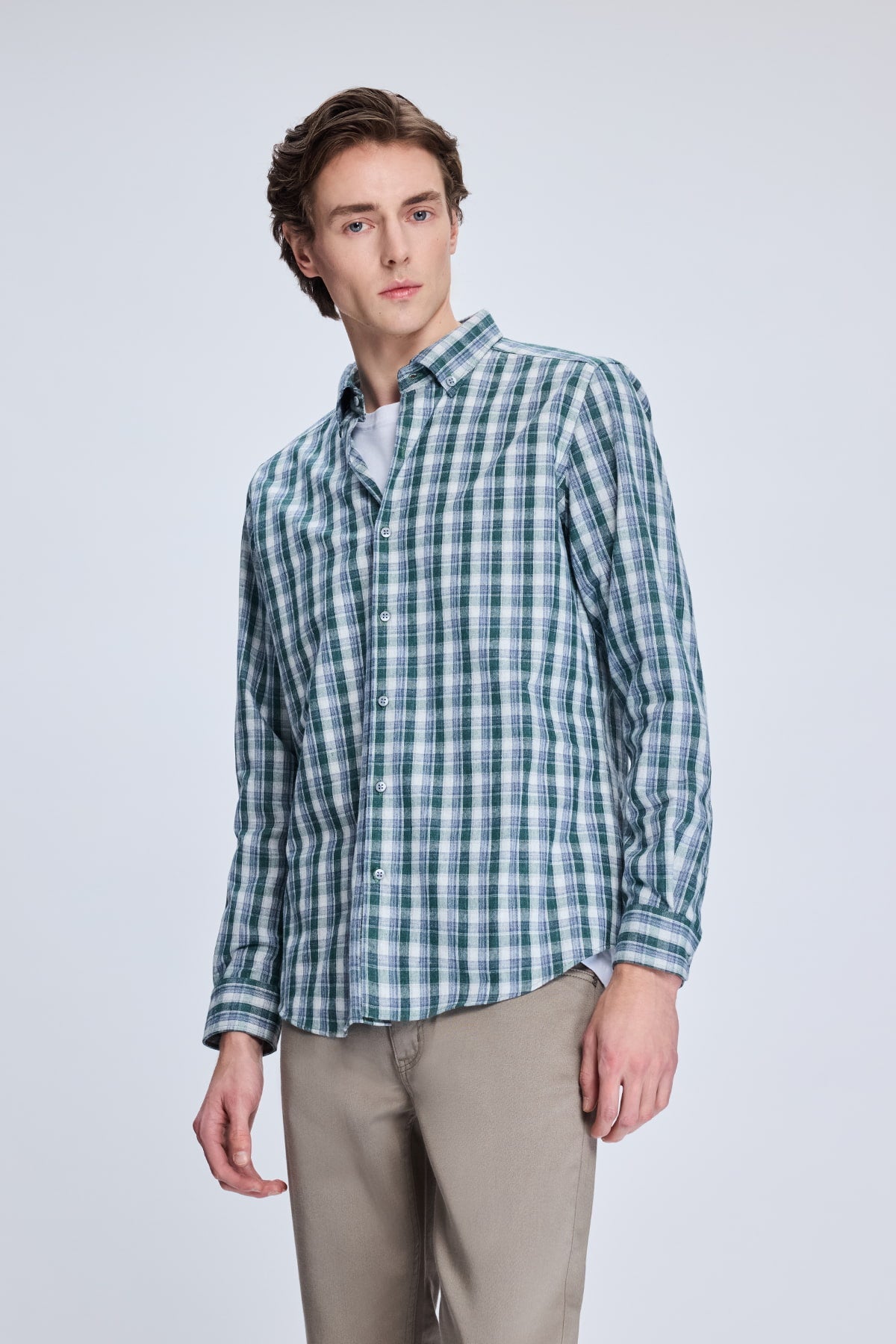 Slim Fit Plaid Cotton Blend Khaki Casual Shirt - SAYKI
