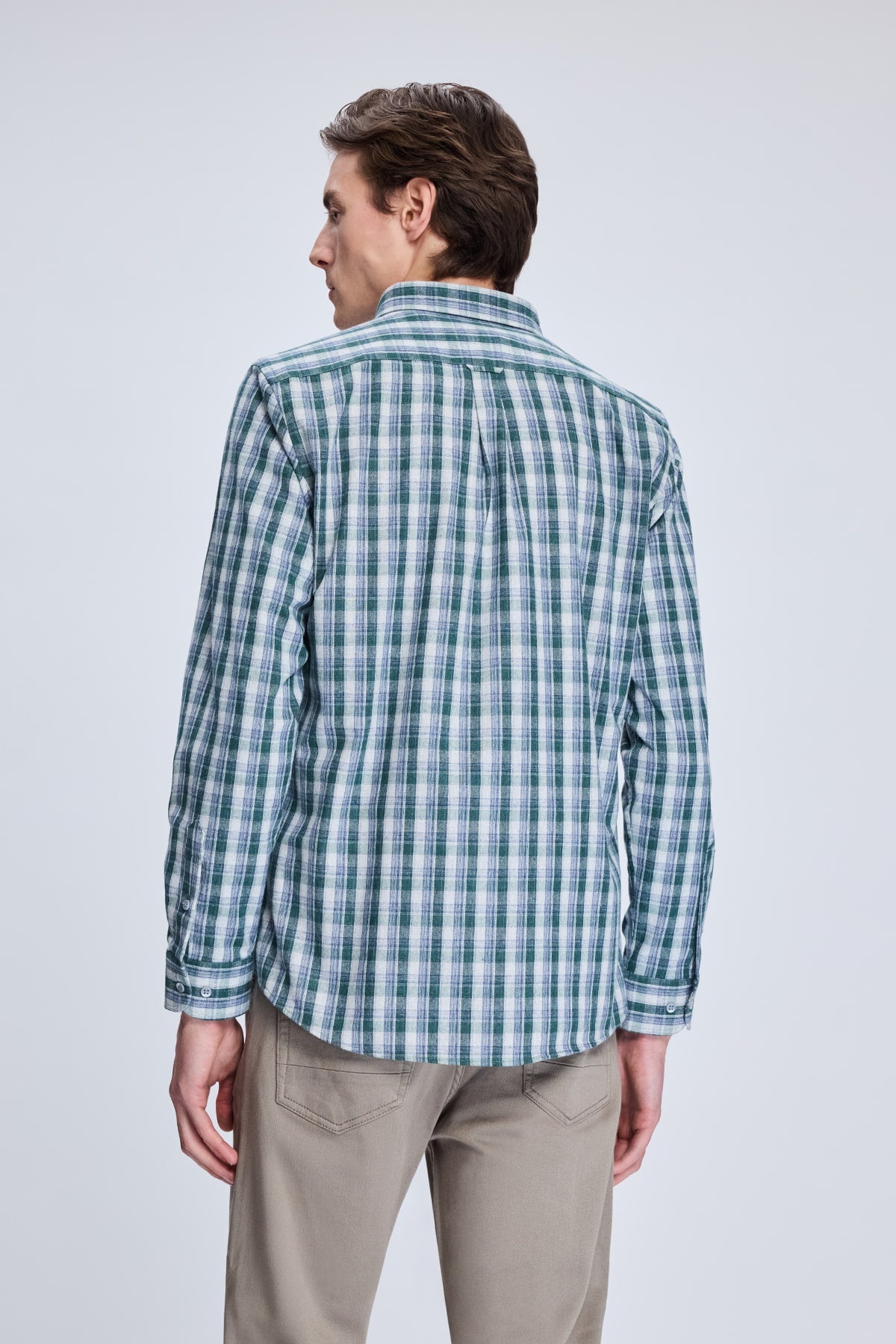 Slim Fit Plaid Cotton Blend Khaki Casual Shirt - SAYKI