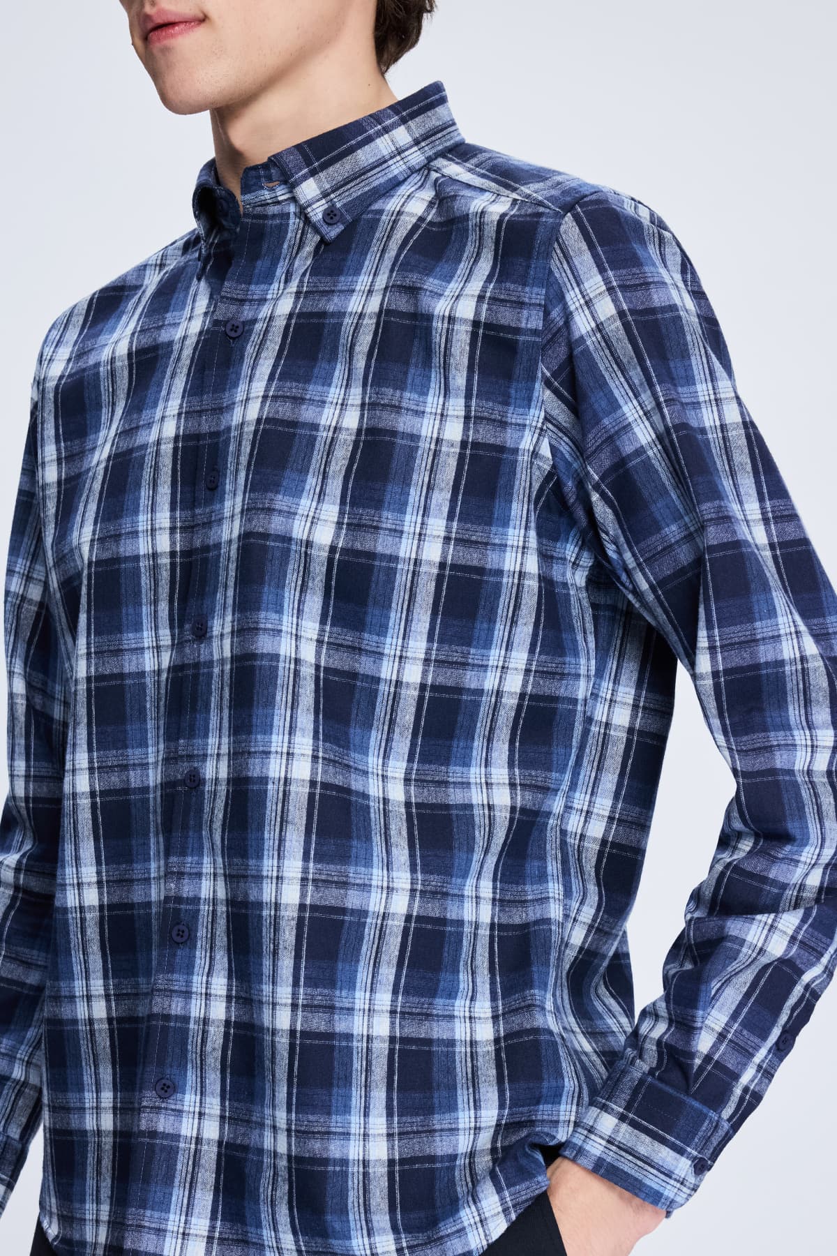 Slim Fit Plaid Cotton Blend Navy Casual Shirt - SAYKI