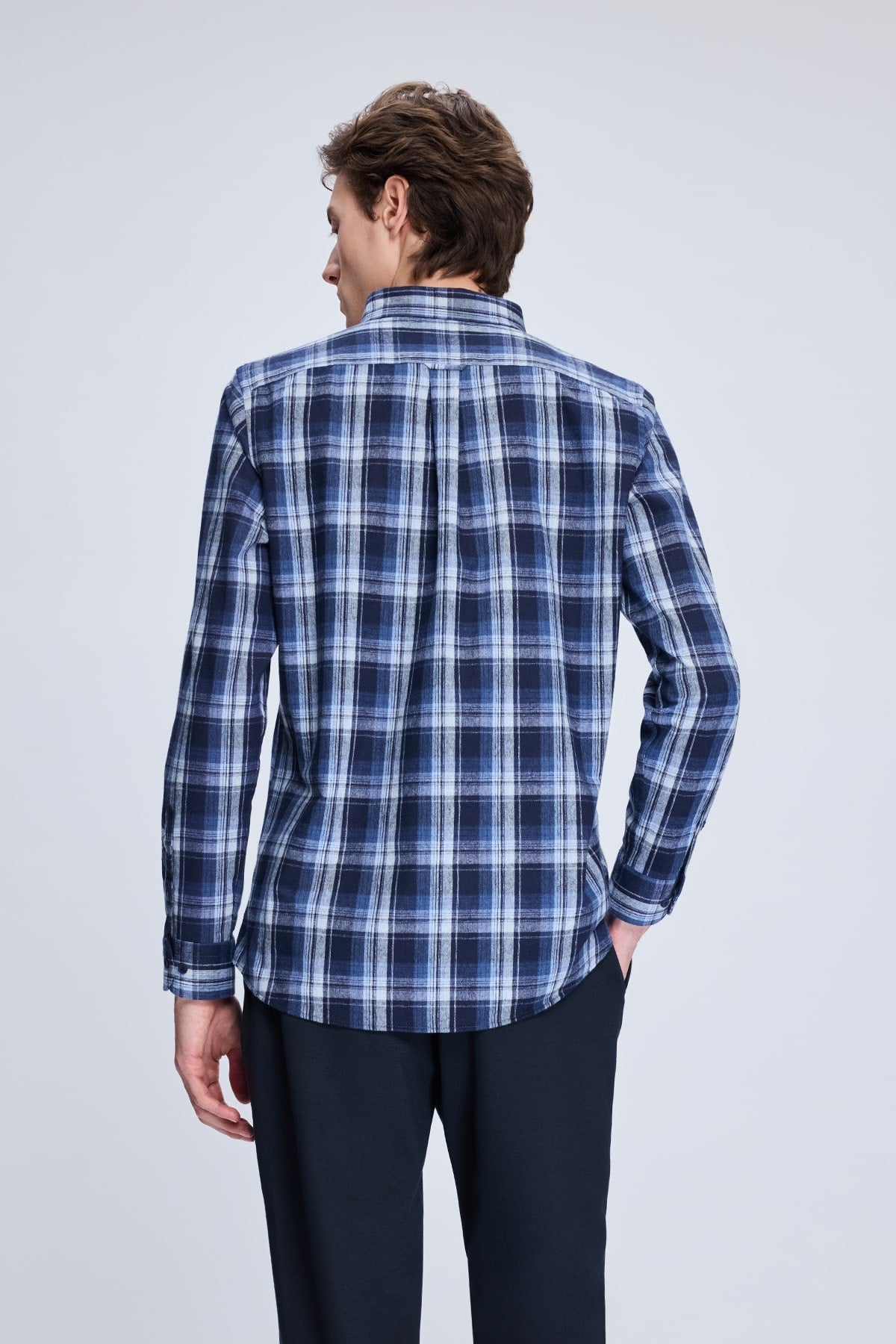 Slim Fit Plaid Cotton Blend Navy Casual Shirt - SAYKI