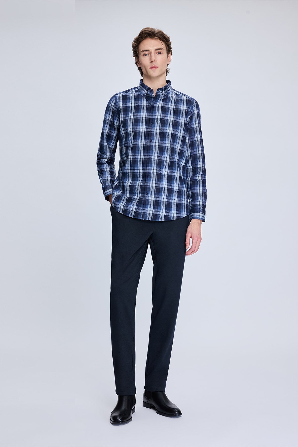 Slim Fit Plaid Cotton Blend Navy Casual Shirt - SAYKI