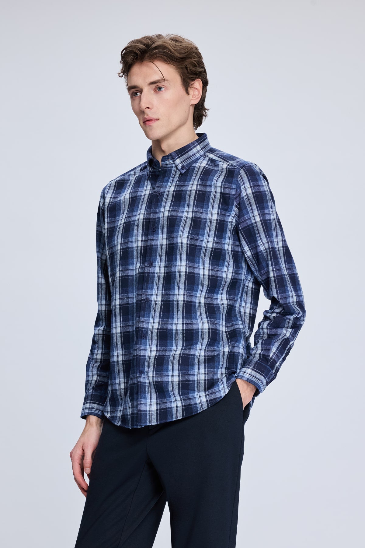 Slim Fit Plaid Cotton Blend Navy Casual Shirt - SAYKI