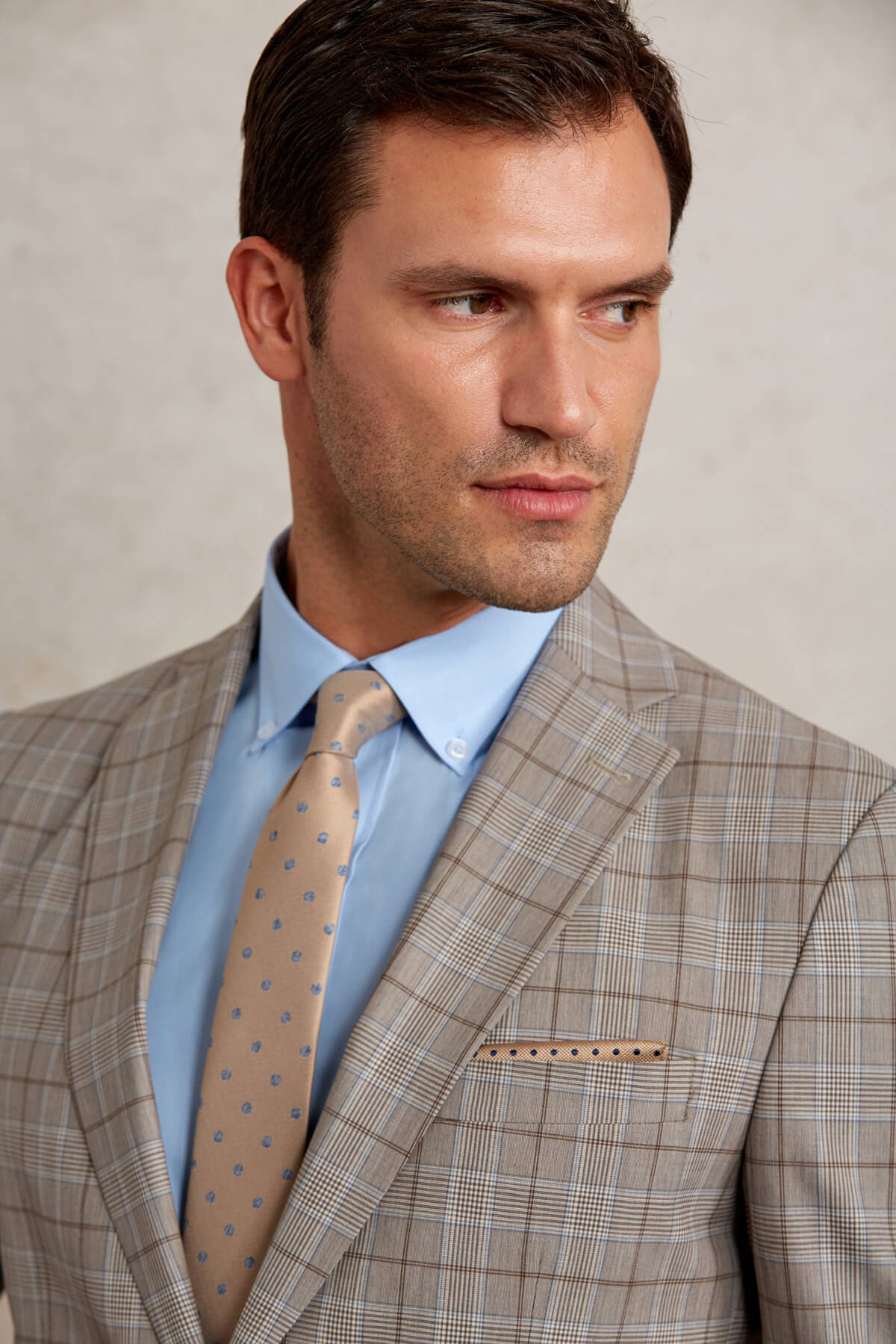 Slim Fit Plaid Wool Blend Beige Casual Suit - SAYKI