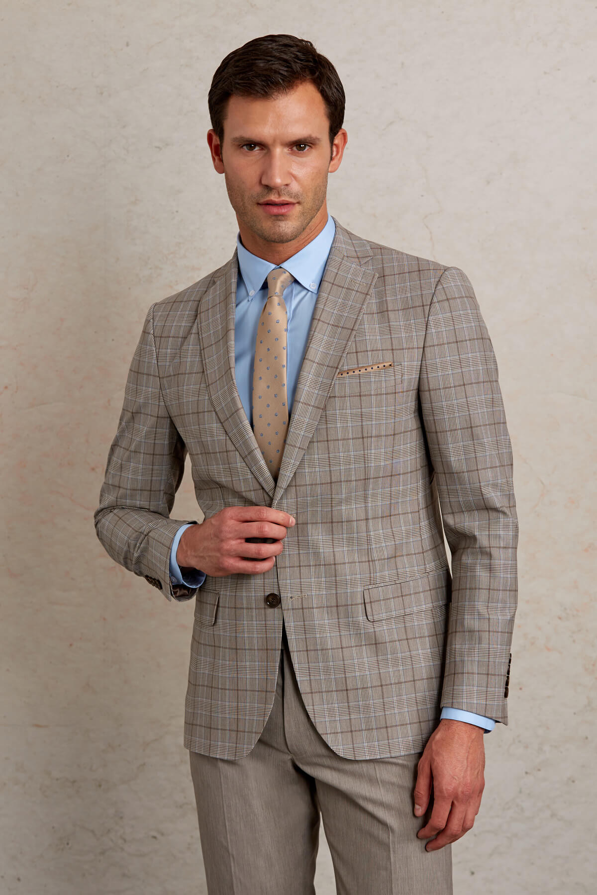 Slim Fit Plaid Wool Blend Beige Casual Suit - SAYKI