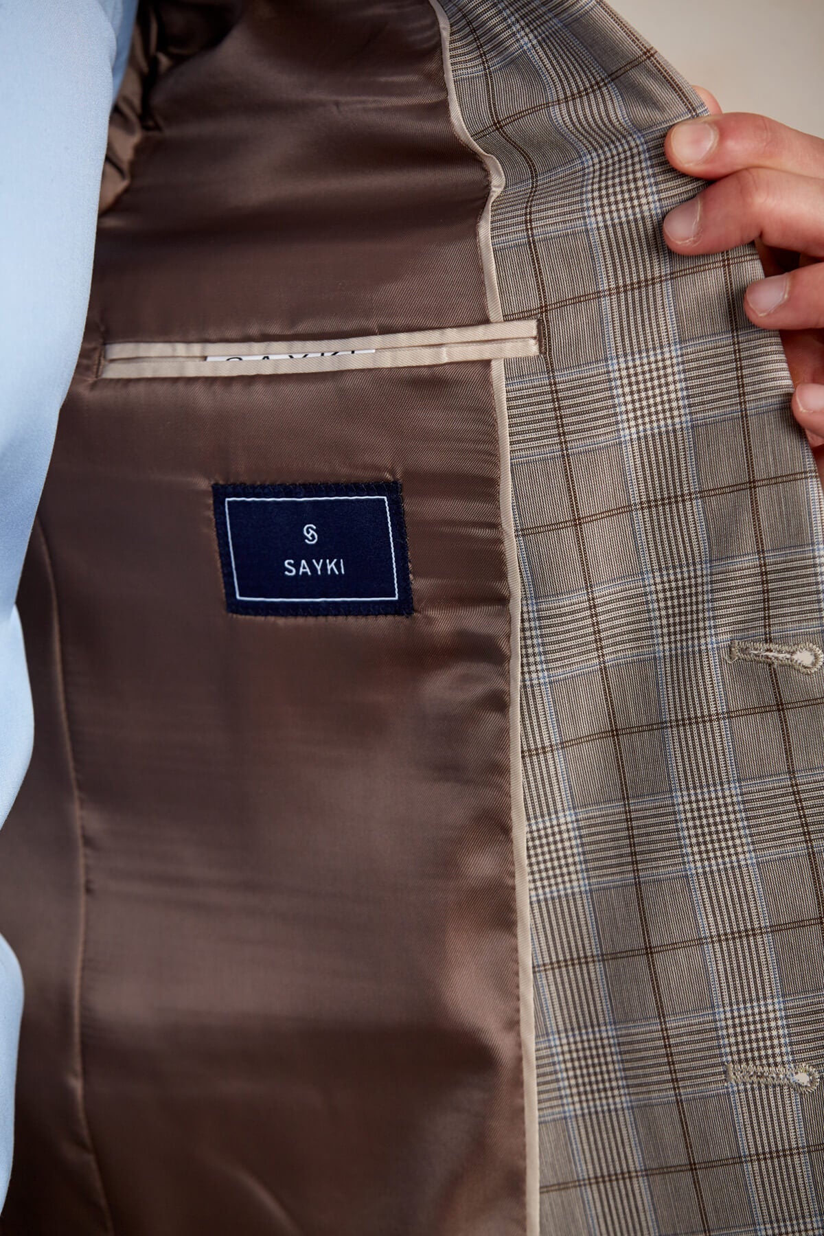 Slim Fit Plaid Wool Blend Beige Casual Suit - SAYKI