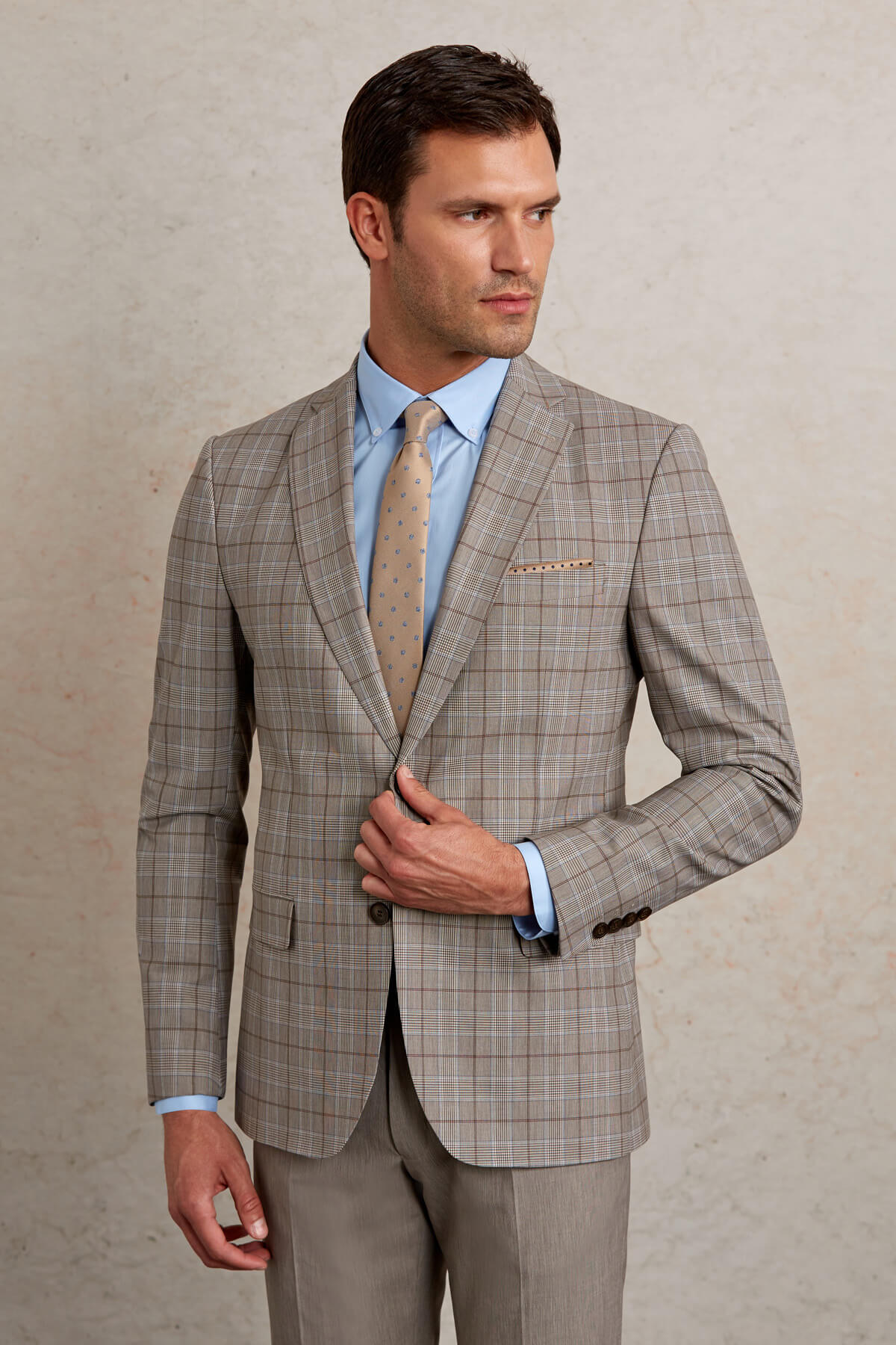 Slim Fit Plaid Wool Blend Beige Casual Suit - SAYKI