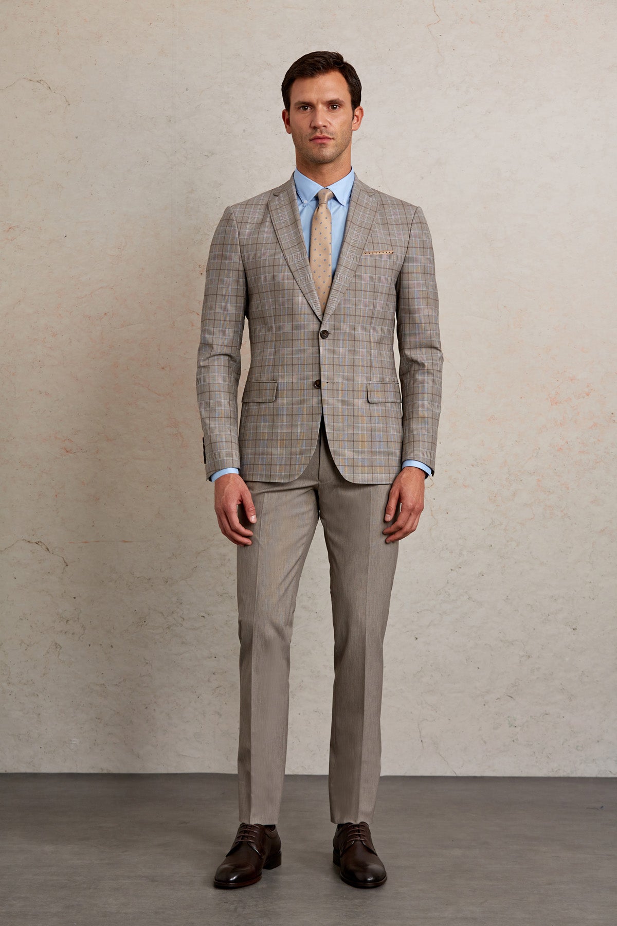 Slim Fit Plaid Wool Blend Beige Casual Suit - SAYKI