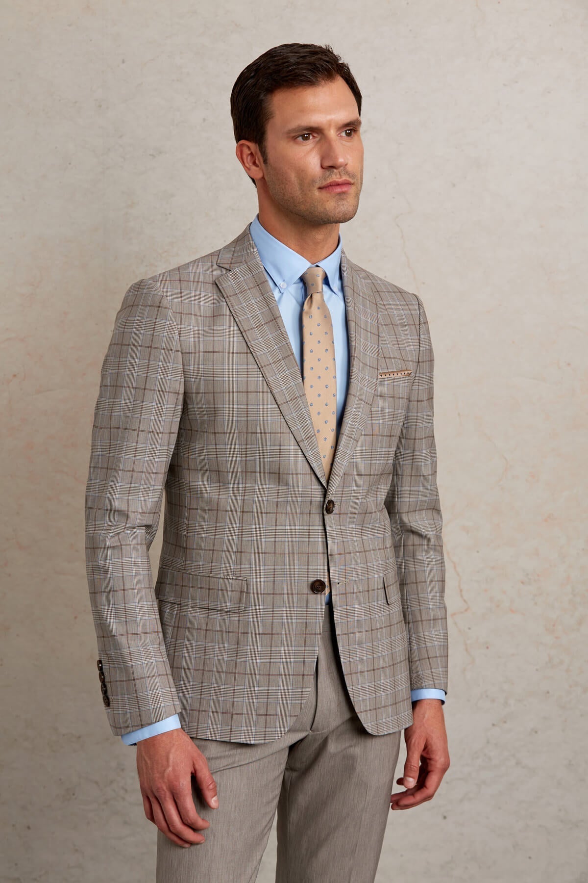 Slim Fit Plaid Wool Blend Beige Casual Suit - SAYKI