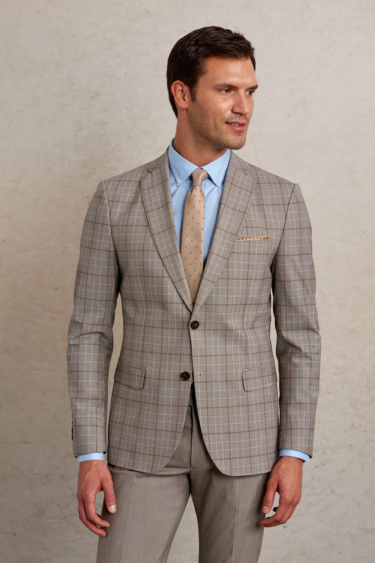 Slim Fit Plaid Wool Blend Beige Casual Suit - SAYKI