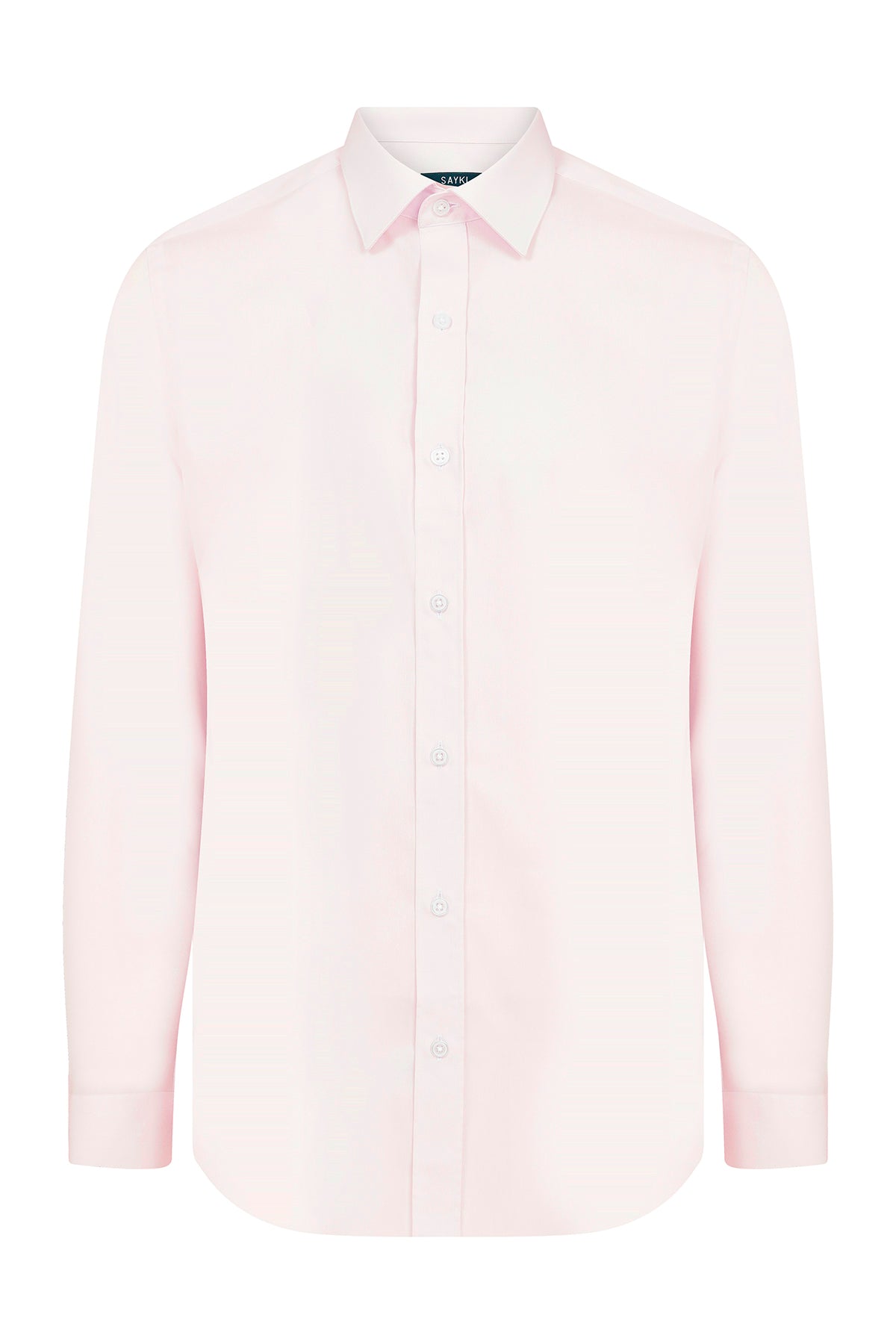 A pale pink, long-sleeved men’s dress shirt with a classic collar and button-down front.