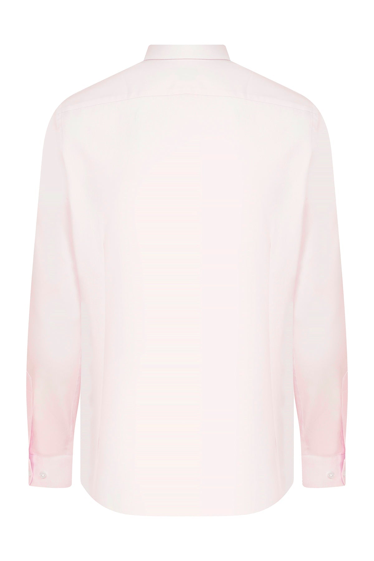 A pale pink, long-sleeved men’s dress shirt with a classic collar and buttoned cuffs.
