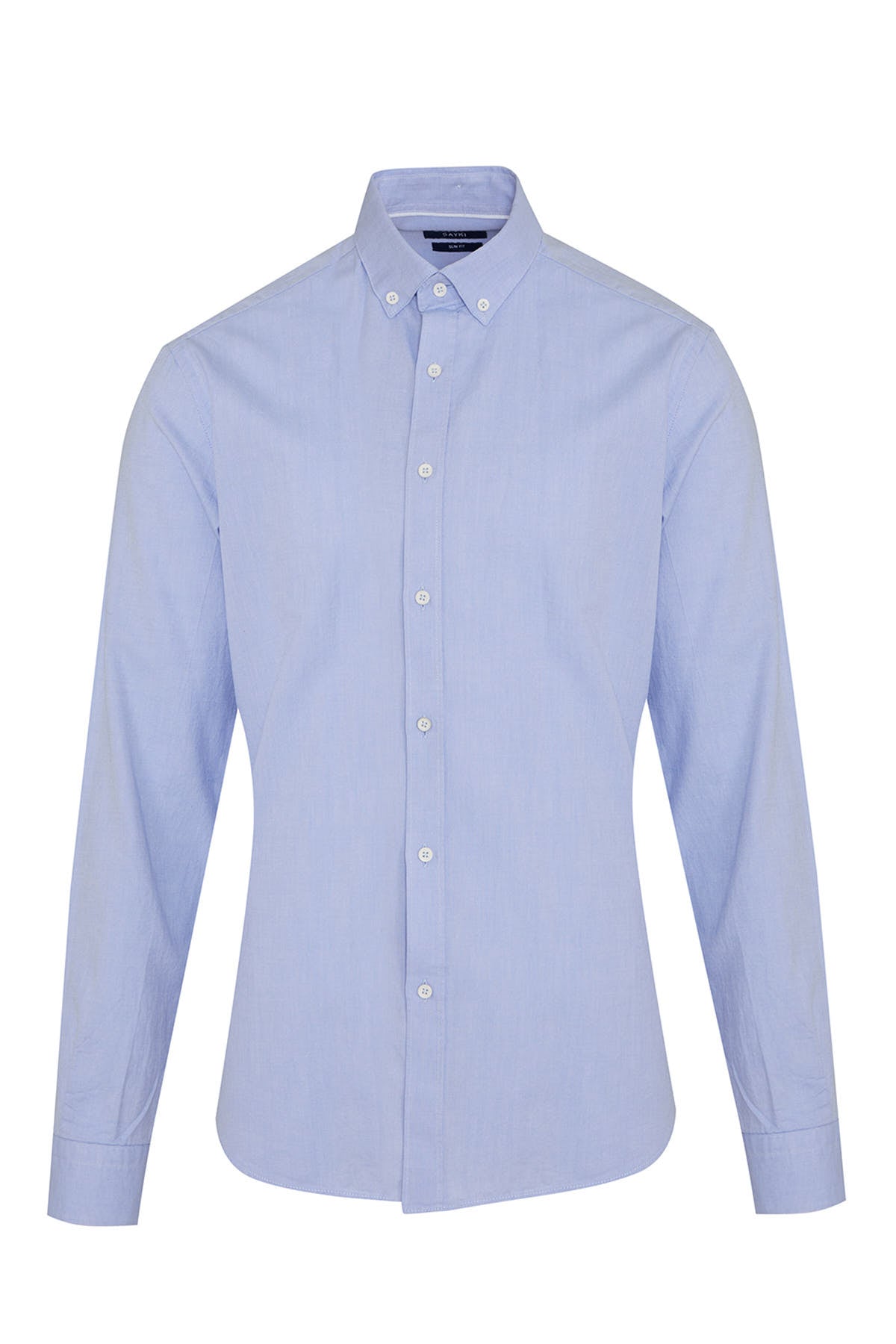 Slim Fit Plain Button-Down Cotton Blue Casual Shirt - SAYKI