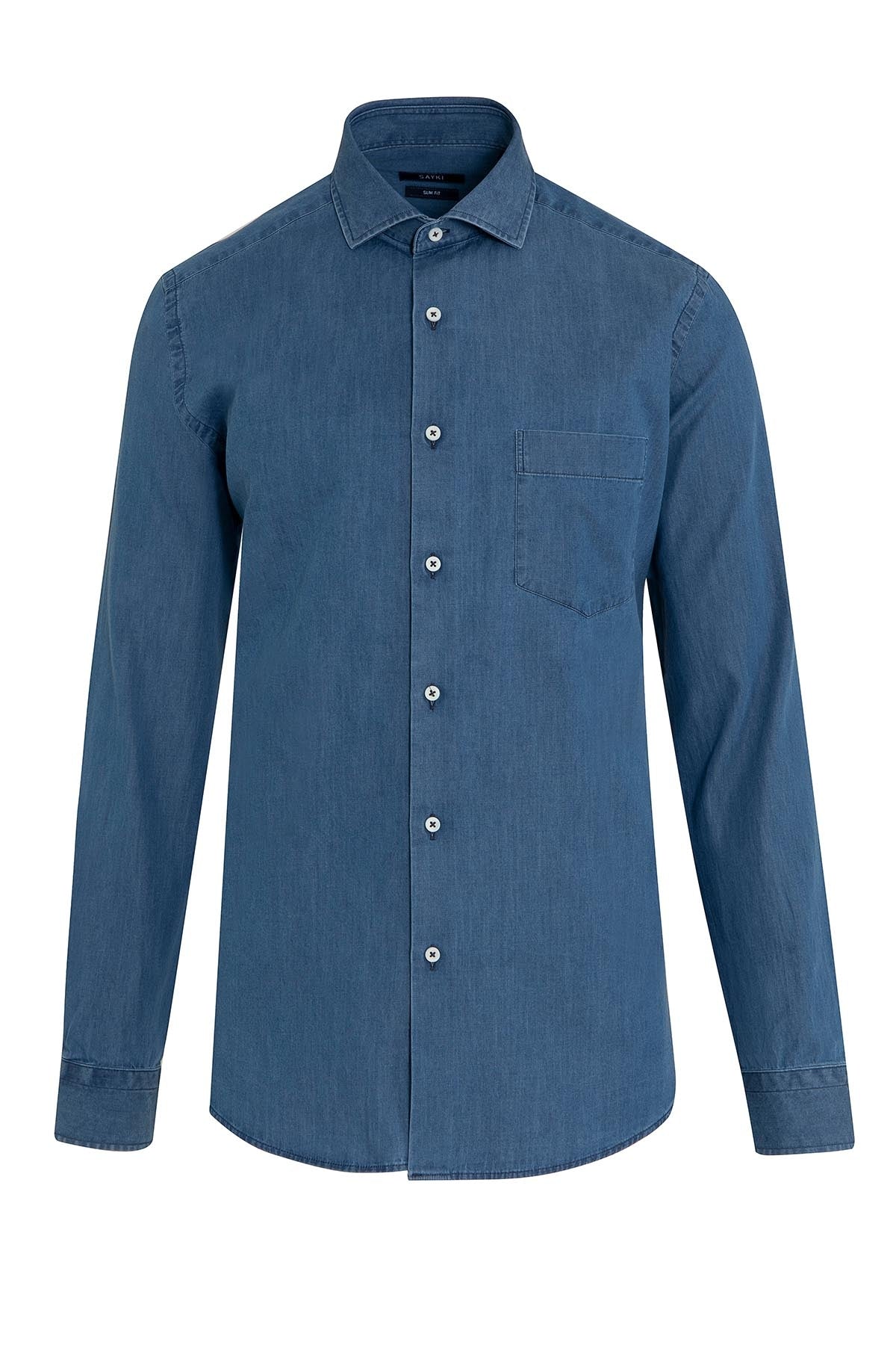 Slim Fit Plain Cotton Indigo Casual Shirt - SAYKI