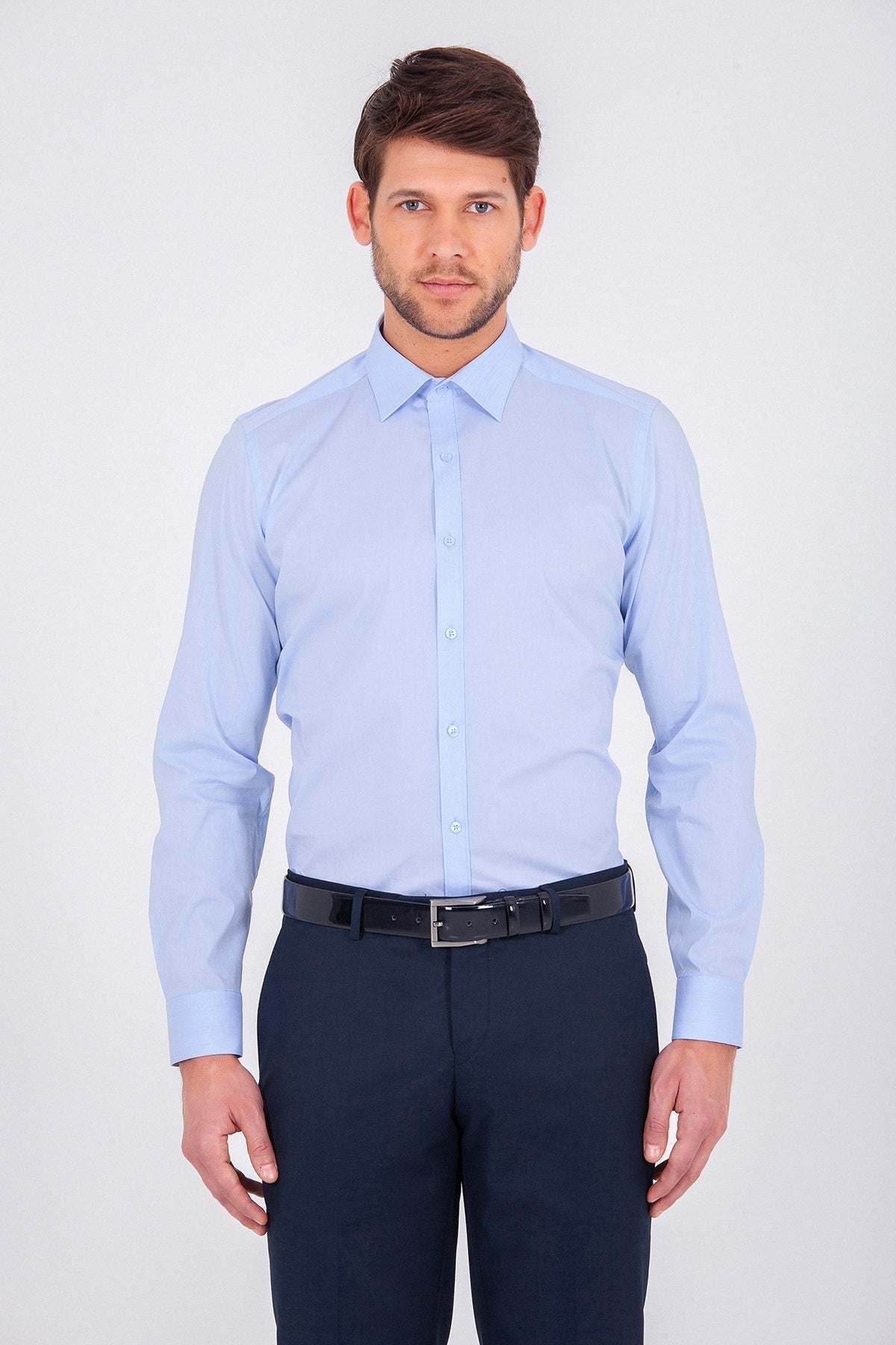 Slim Fit Plain Cotton Light Blue Casual Shirt - SAYKI