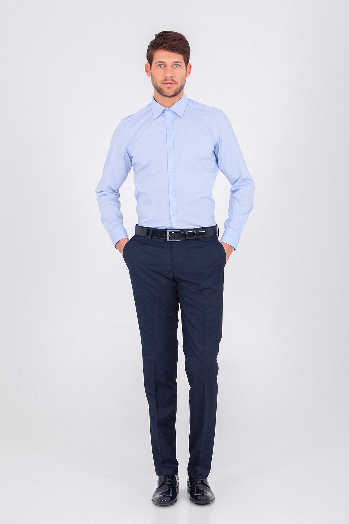 Slim Fit Plain Cotton Light Blue Casual Shirt - SAYKI