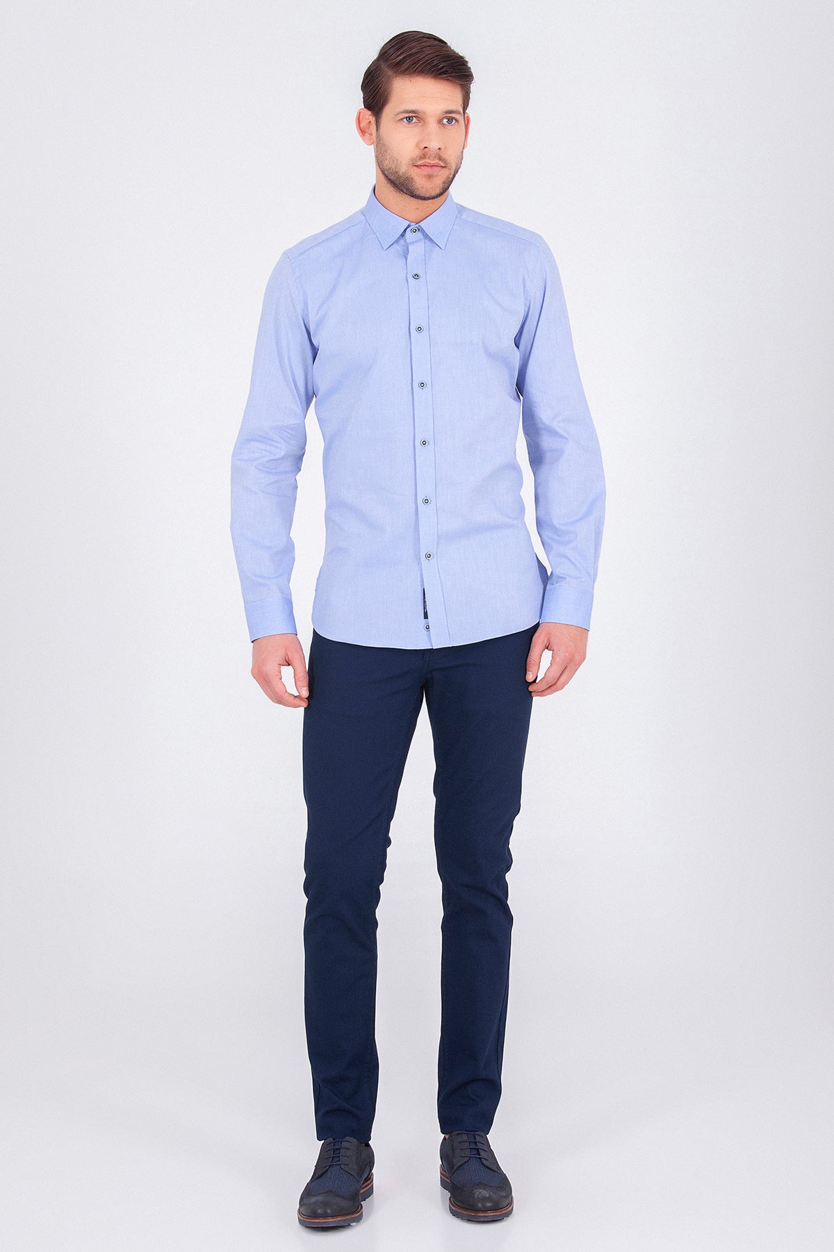 Slim Fit Plain Long Sleeve Cotton Blue Casual Shirt - SAYKI
