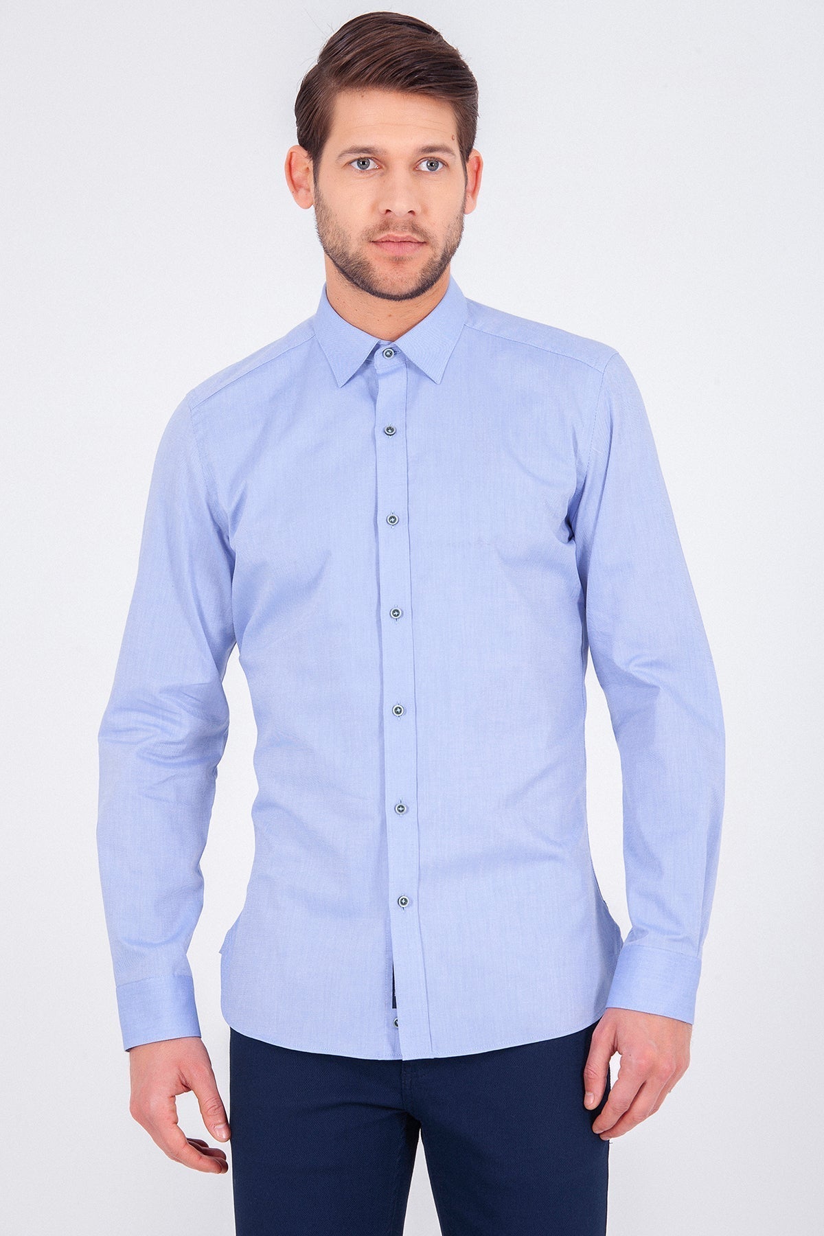 Slim Fit Plain Long Sleeve Cotton Blue Casual Shirt - SAYKI