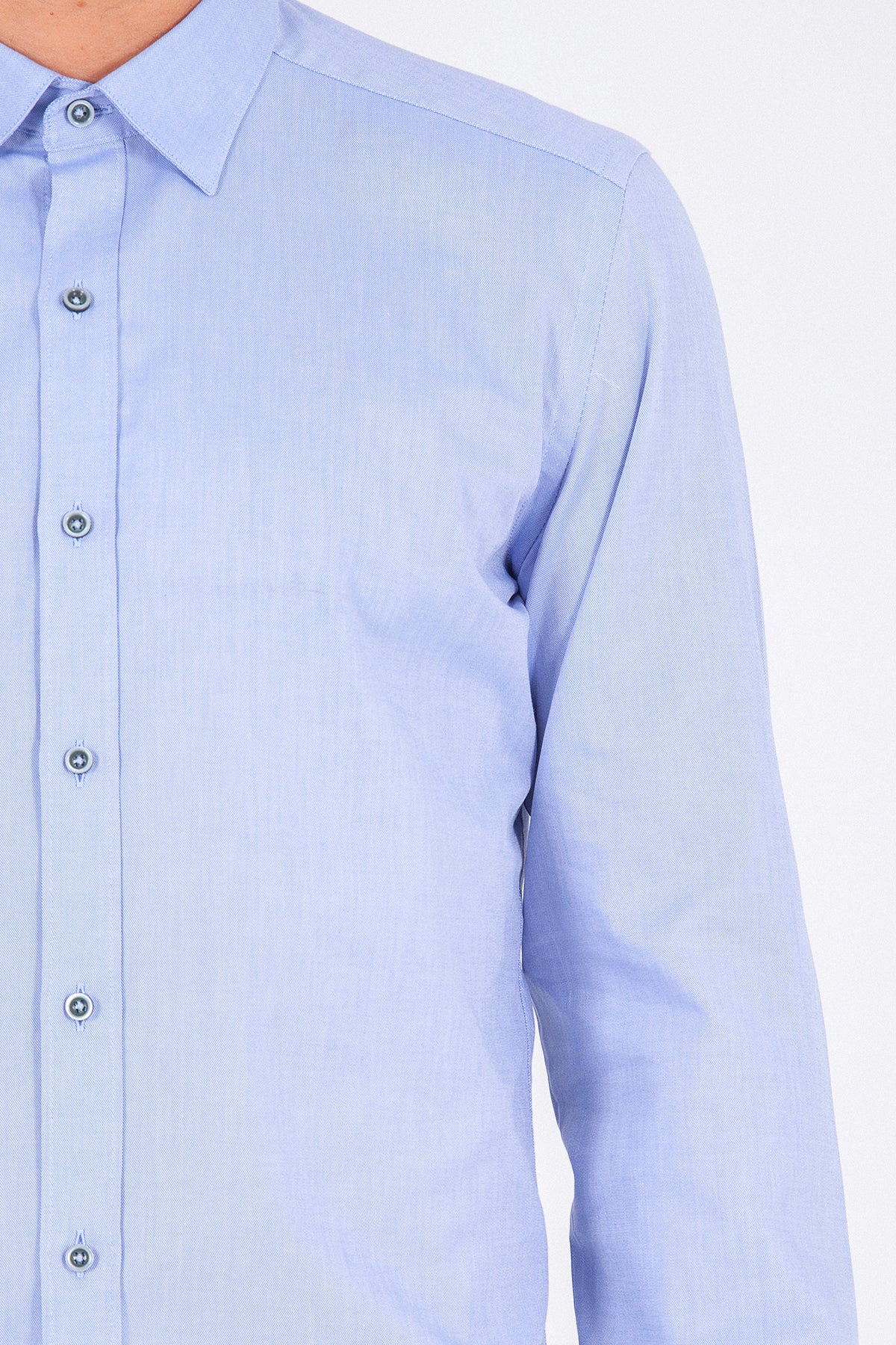Slim Fit Plain Long Sleeve Cotton Blue Casual Shirt - SAYKI