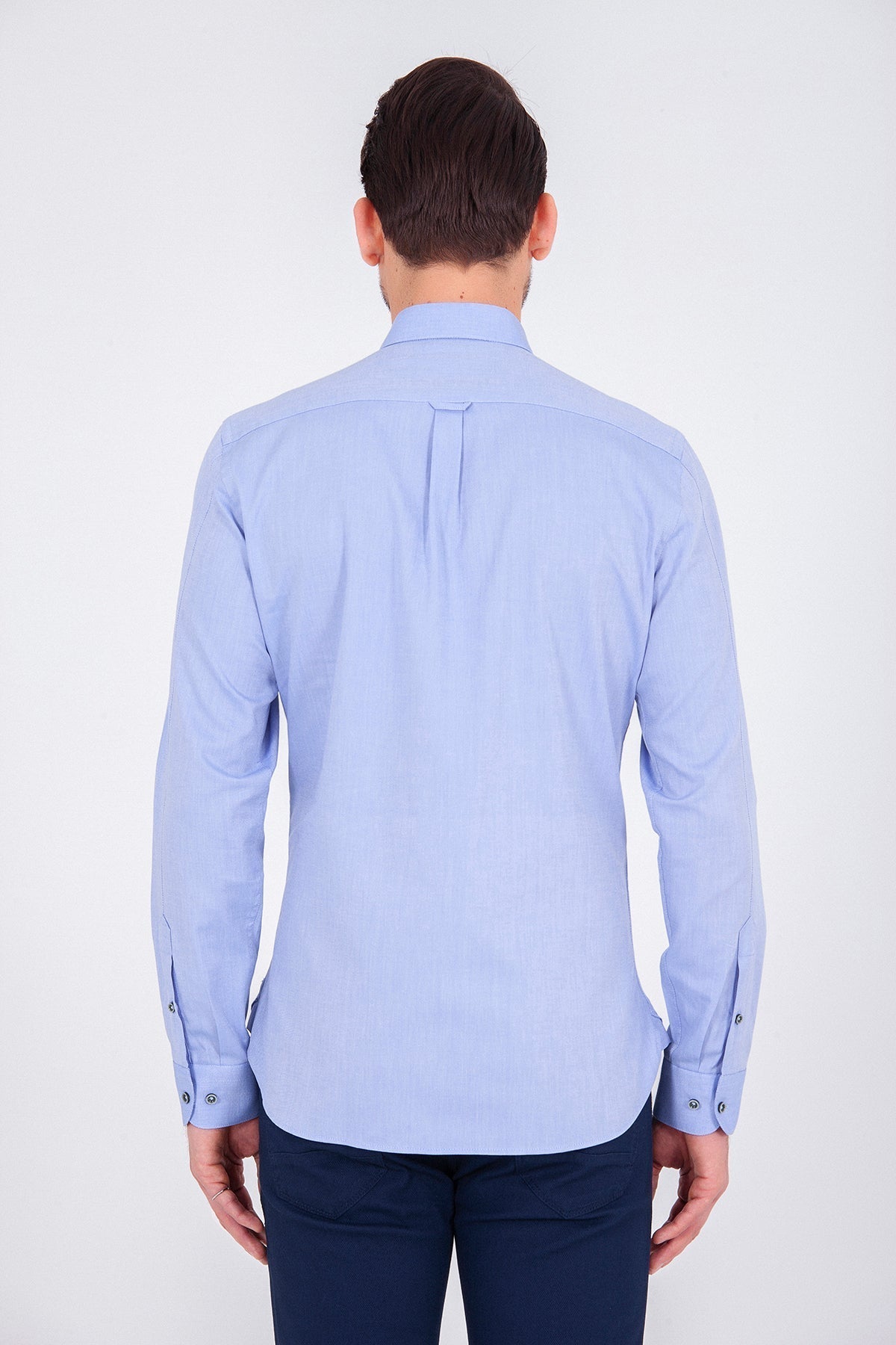 Slim Fit Plain Long Sleeve Cotton Blue Casual Shirt - SAYKI