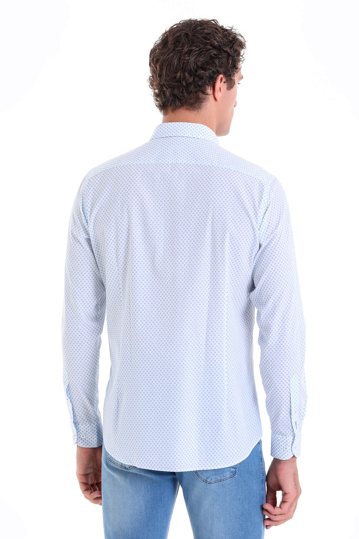 Slim Fit Printed 100% Cotton Blue Casual Shirt - SAYKI