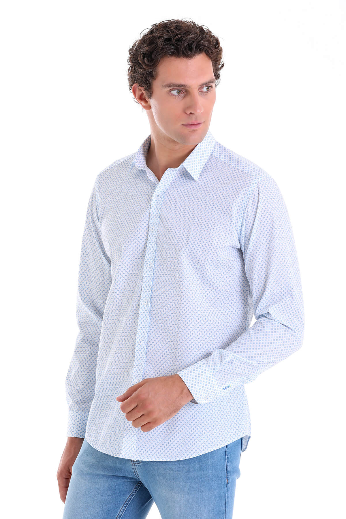 Slim Fit Printed 100% Cotton Blue Casual Shirt - SAYKI