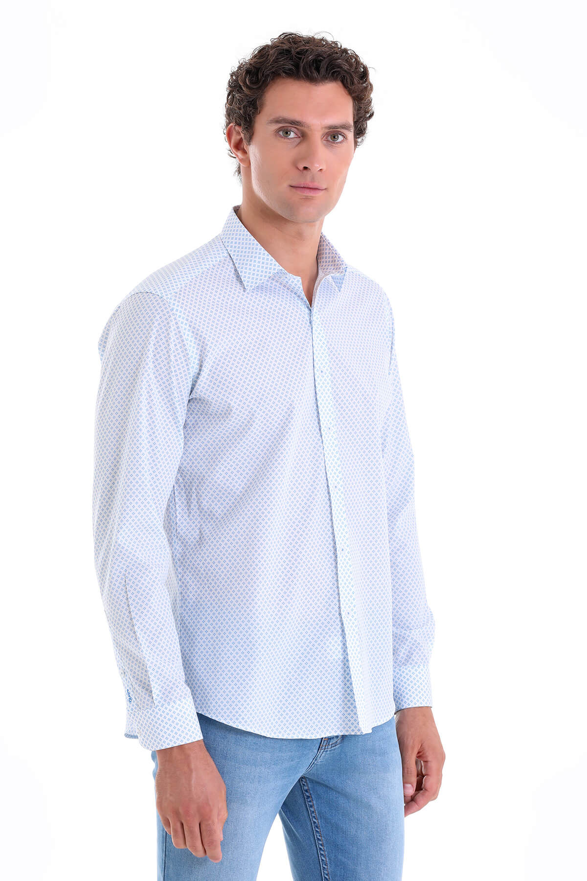 Slim Fit Printed 100% Cotton Blue Casual Shirt - SAYKI