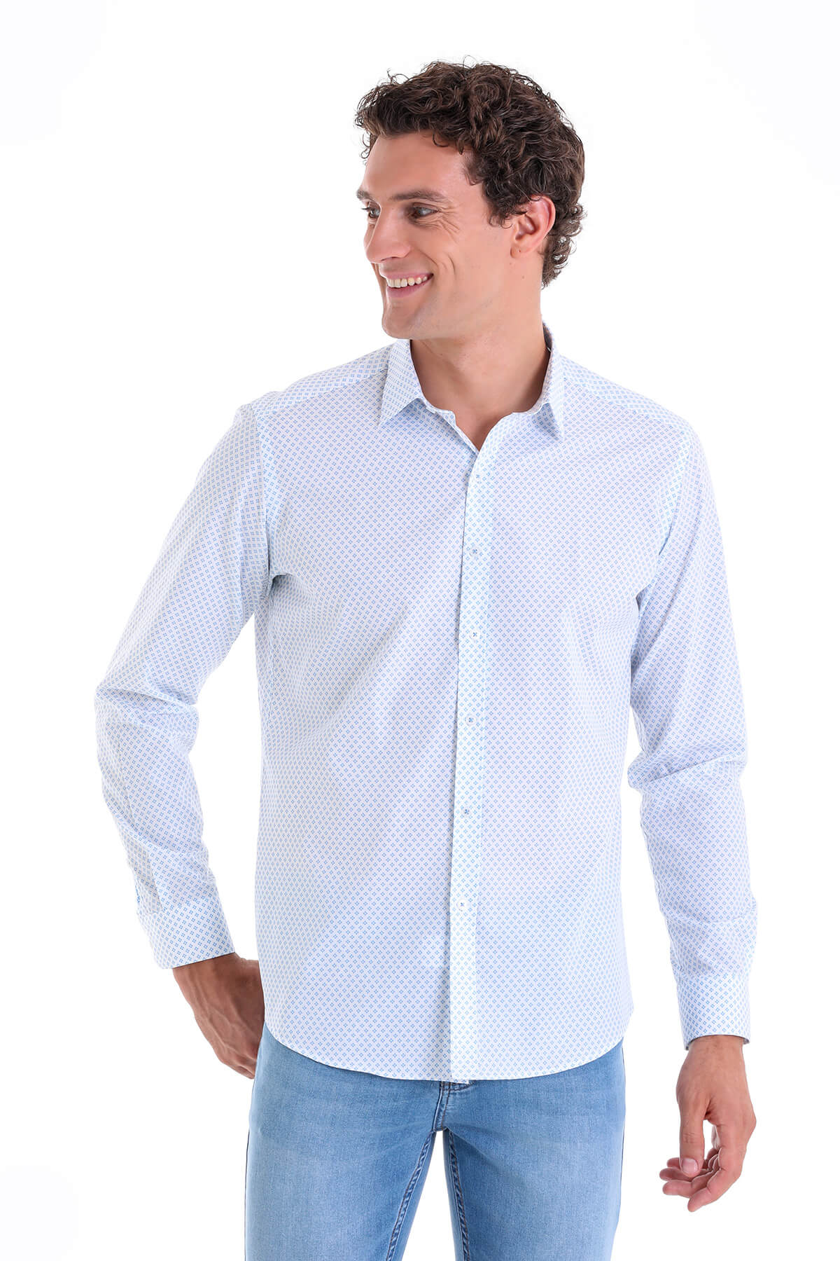 Slim Fit Printed 100% Cotton Blue Casual Shirt - SAYKI