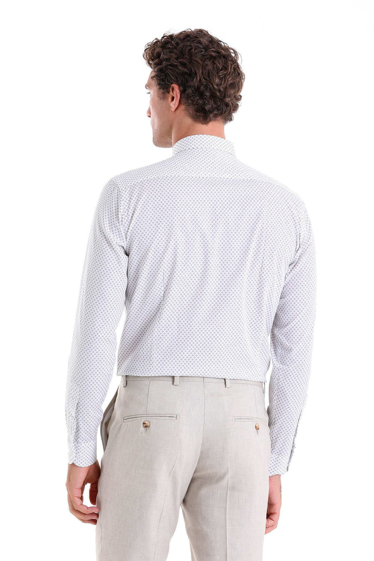 White dress shirt with a subtle geometric pattern.