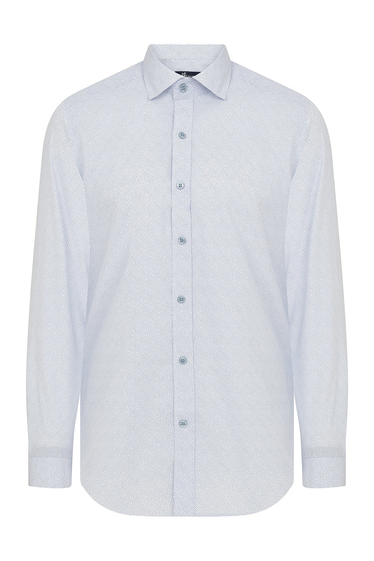 A crisp white men’s dress shirt with a subtle geometric pattern and classic button-down collar.