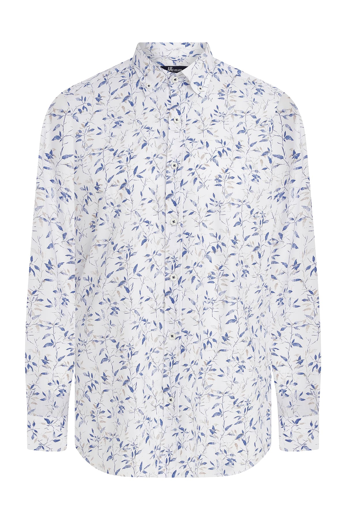 White long-sleeved button-up shirt with a delicate blue leaf pattern.
