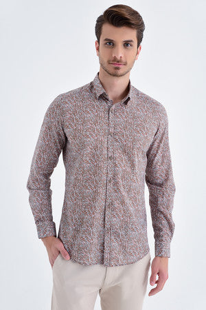 Slim Fit Printed Cotton Brown Casual Shirt - SAYKI